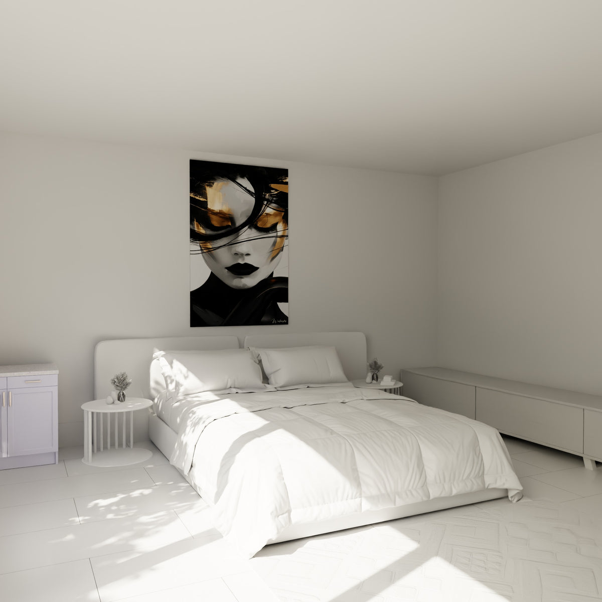 Wall art woman's face with closed eyelids, gold brushstrokes and black strands, above a sofa in a bright living room