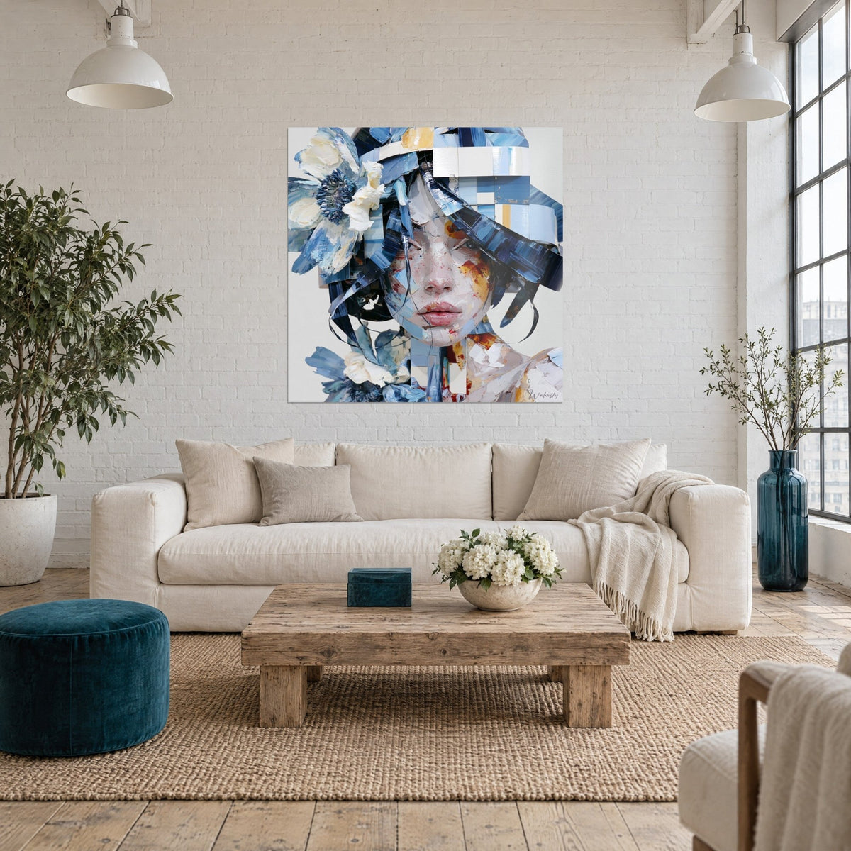 Tableau portrait fragmenté aux pivoines blanc crème et bleu marine, bandes de papier, au-dessus d'un canapé dans un salon lumineux