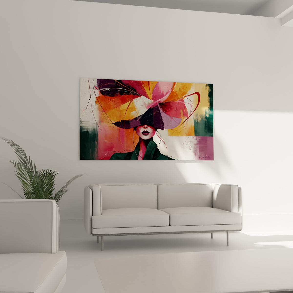 Tableau portrait voilé sous une corolle géante safran et rose, aplats vert foncé et mauve, sur un mur chaulé d'une maison méditerranéenne