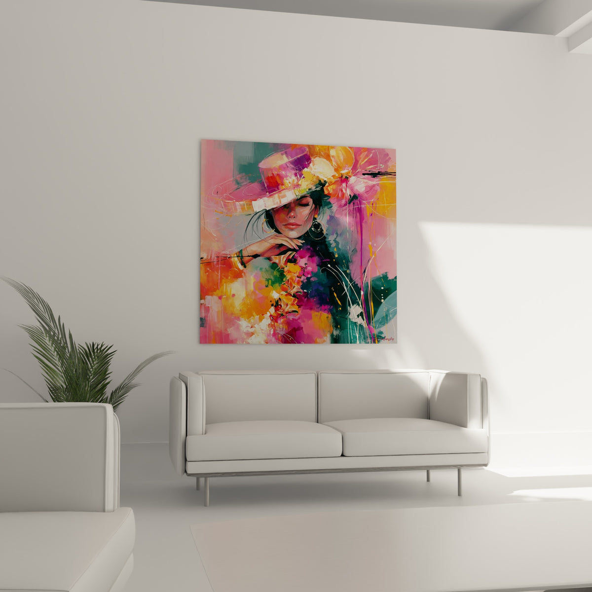 Visage serein sous chapeau violet et fleurs orangées, disposé au-dessus d'un canapé dans un salon lumineux.