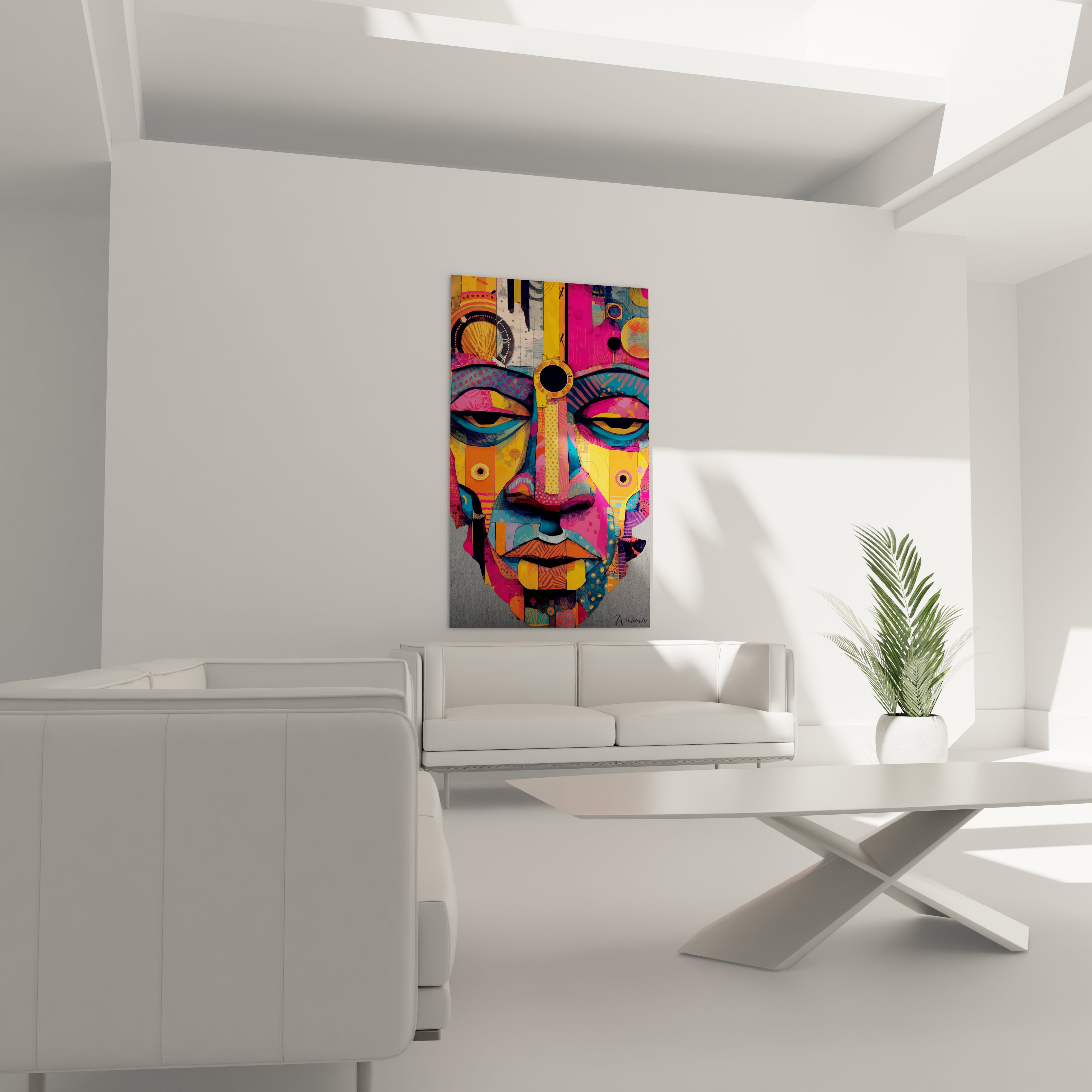 Tableau mural visage protecteur tribal de Walensky avec des couleurs vives pour décoration intérieure moderne