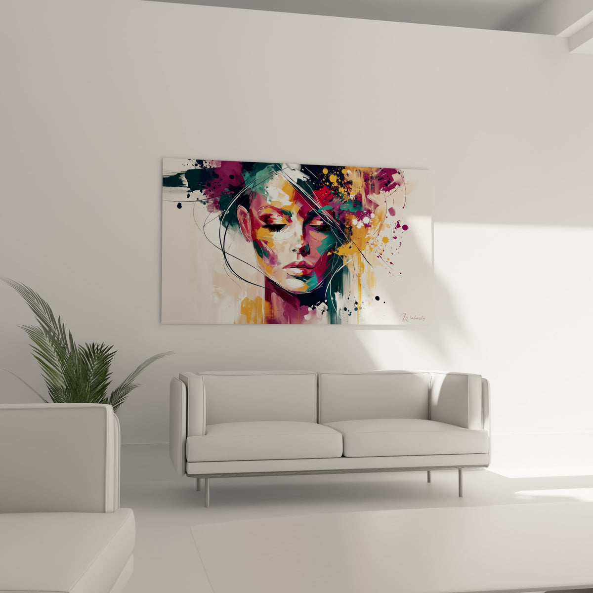 Femme aux paupières closes traitée en touches prune et sarcelle, au-dessus d'un canapé dans un salon lumineux