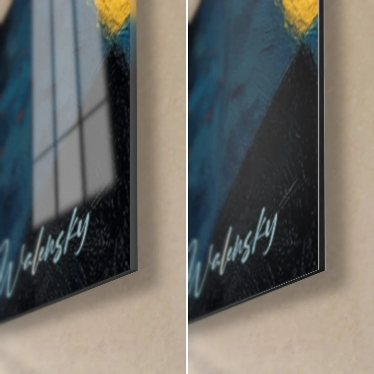 Tableau visage cubiste en bleu nuit et noir profond, signature Walensky turquoise, tranche de 3 mm, verre brillant et Dibond mat