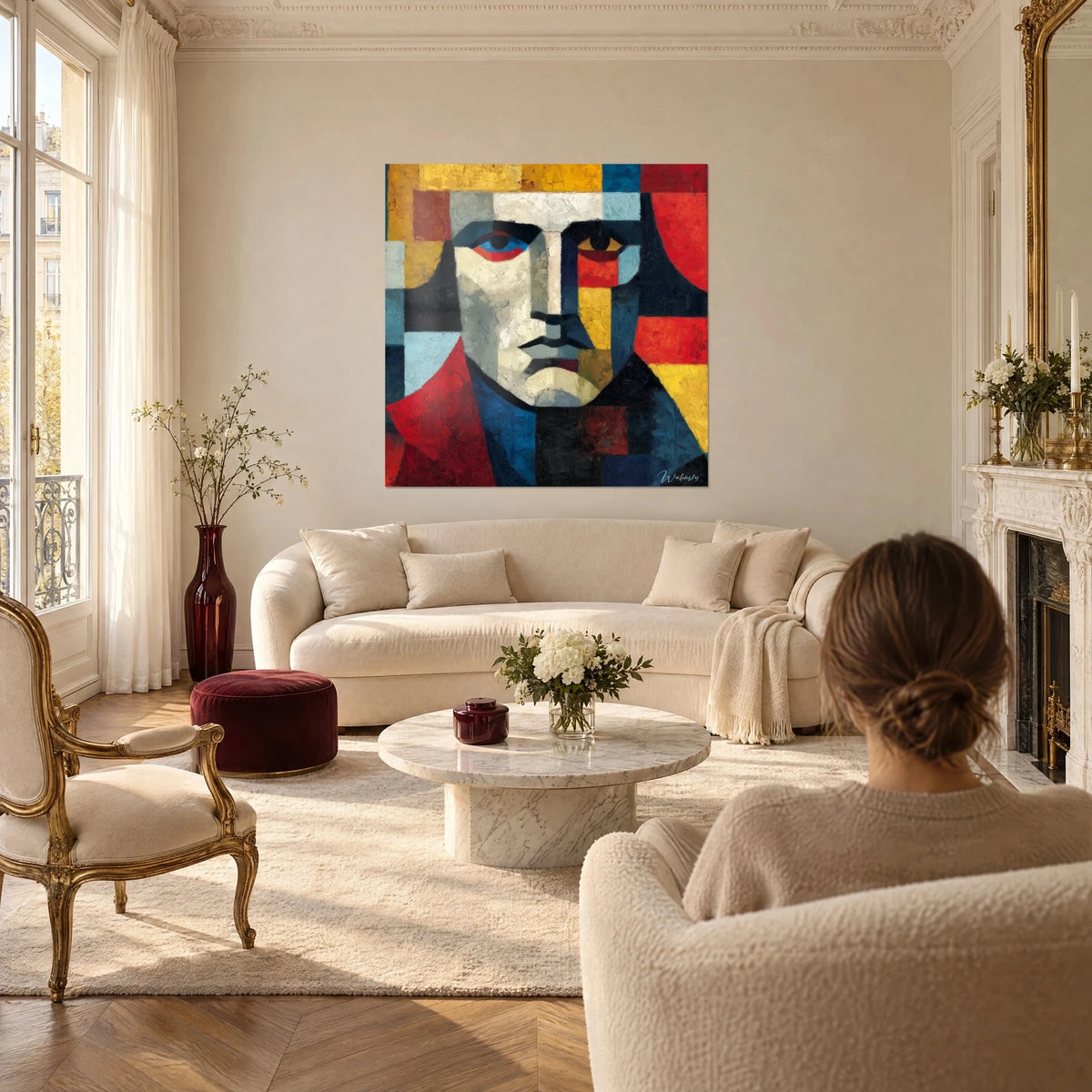 Tableau portrait cubiste en carrés jaune moutarde et rouge vif, œil bleu perçant, au-dessus d'un canapé dans un salon lumineux