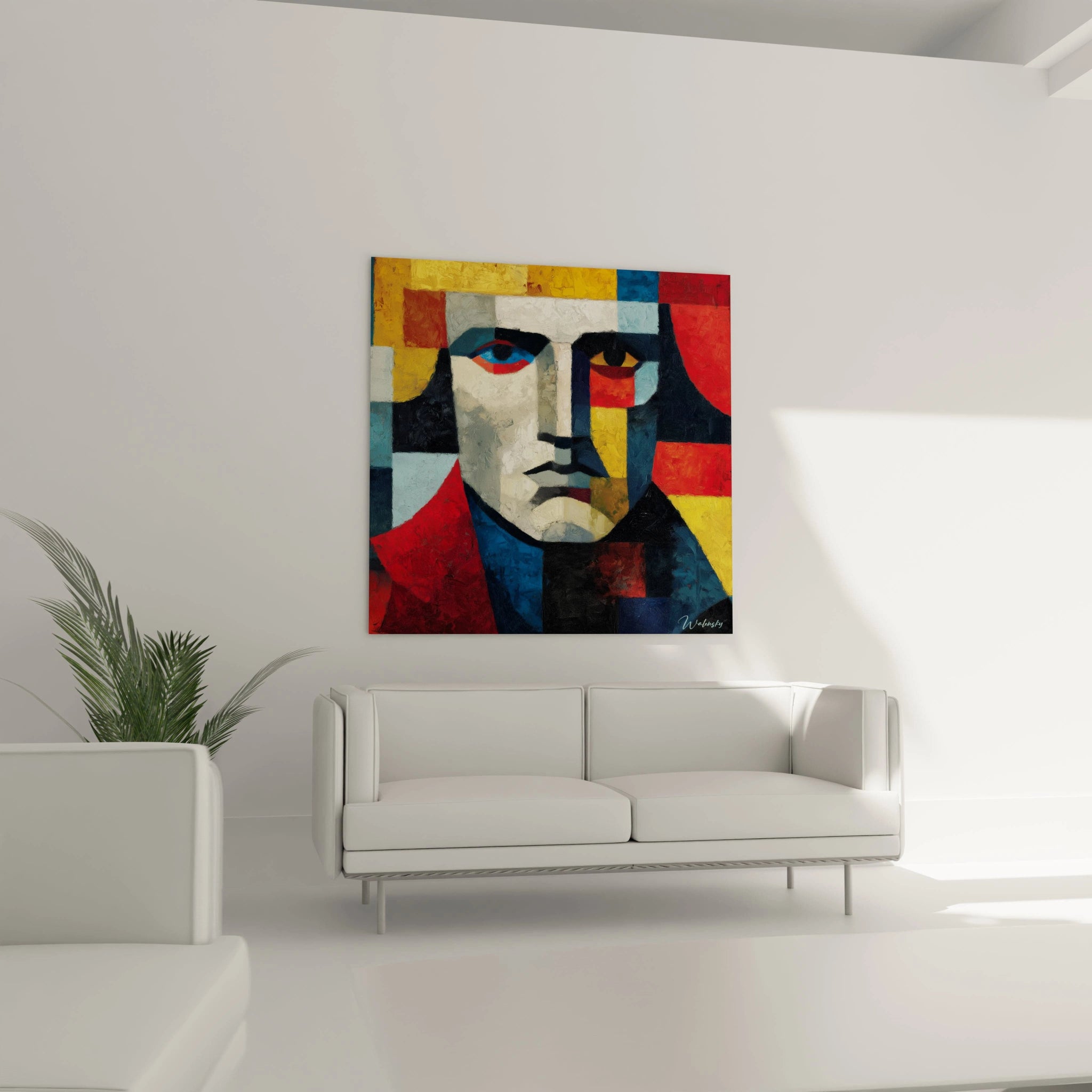 tableau mural visage expressif coloré Walensky accroché au dessus d un canapé blanc dans un salon contemporain