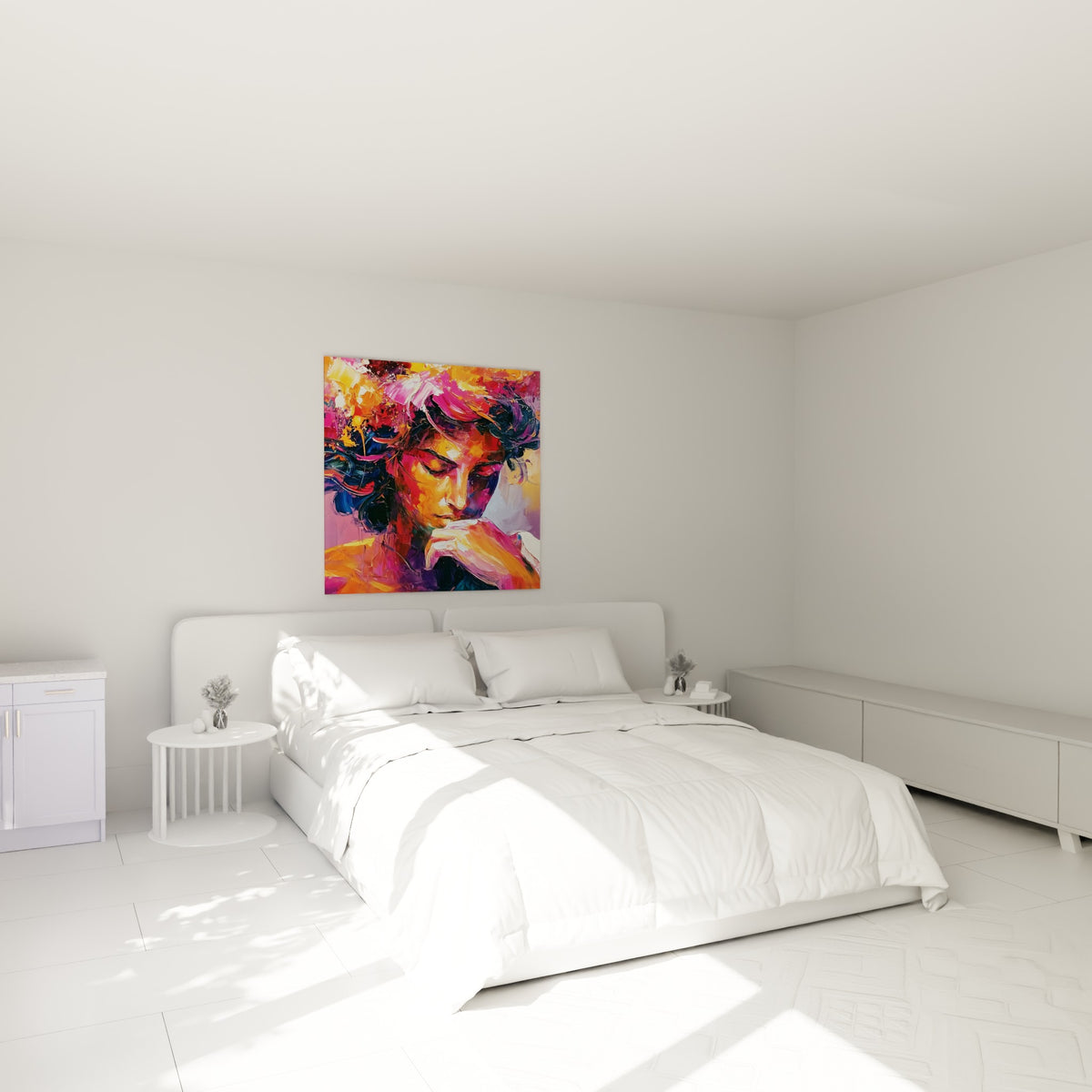 Visage recueilli en orange et pourpre, mains près du menton, au-dessus d'un lit dans une chambre claire