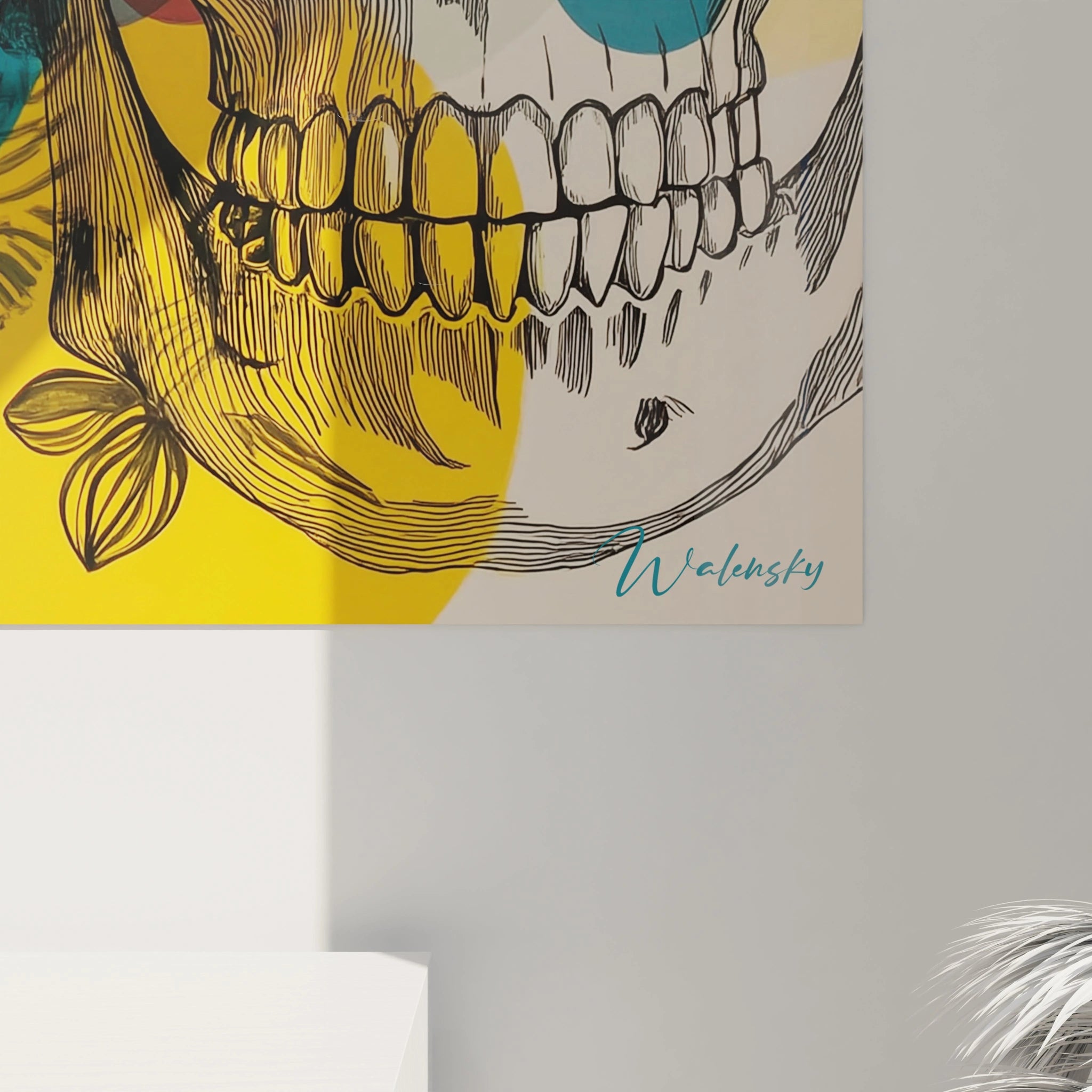 Tableau mural Walensky crâne stylisé moitié visage encre couleur jaune tableau visage art vanité pour deco mur