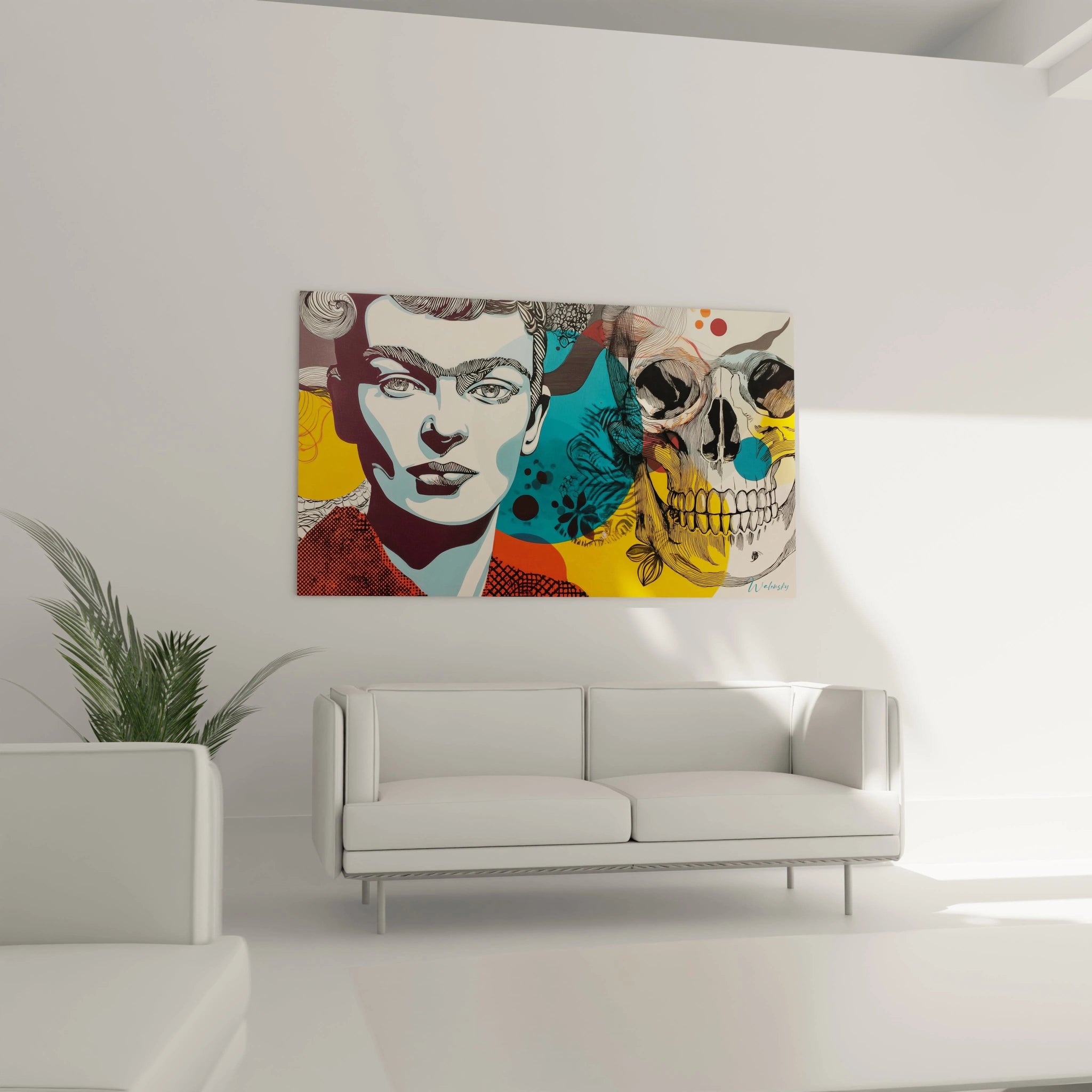 Tableau mural Walensky style pop art avec portrait féminin et crâne coloré tableau visage art vanité accroché dans salon moderne