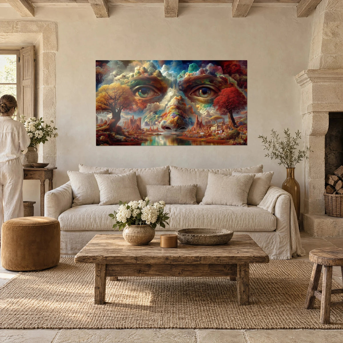 Quadro volto surrealista dagli occhi verdi penetranti, alberi arancioni e rossi, due persone di spalle, sopra un divano in un soggiorno luminoso