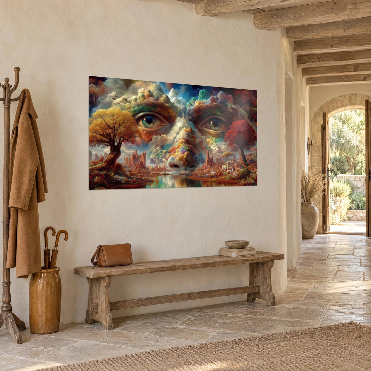 Quadro sguardo onnisciente tra nuvole colorate, torre bianca tra due occhi, lago e scogliere ocra, vista di tre quarti, casa di pietra
