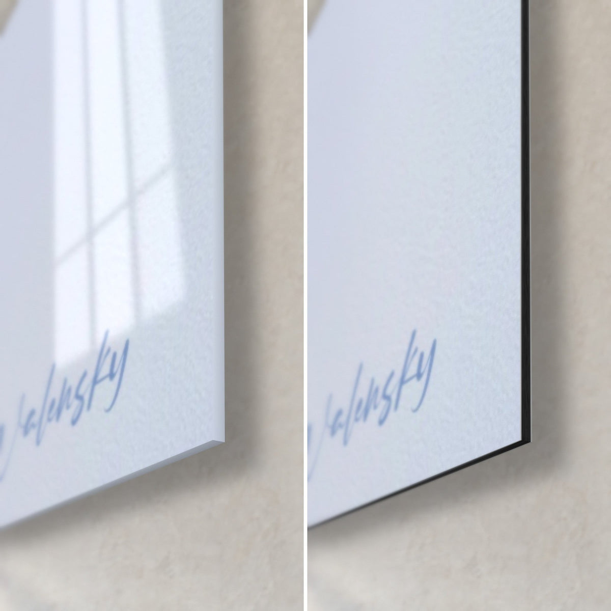 Wall art fragmented face in glacier blue and pearly white, bottom right corner with Walensky signature, glossy glass and matt Dibond, 3 mm edge