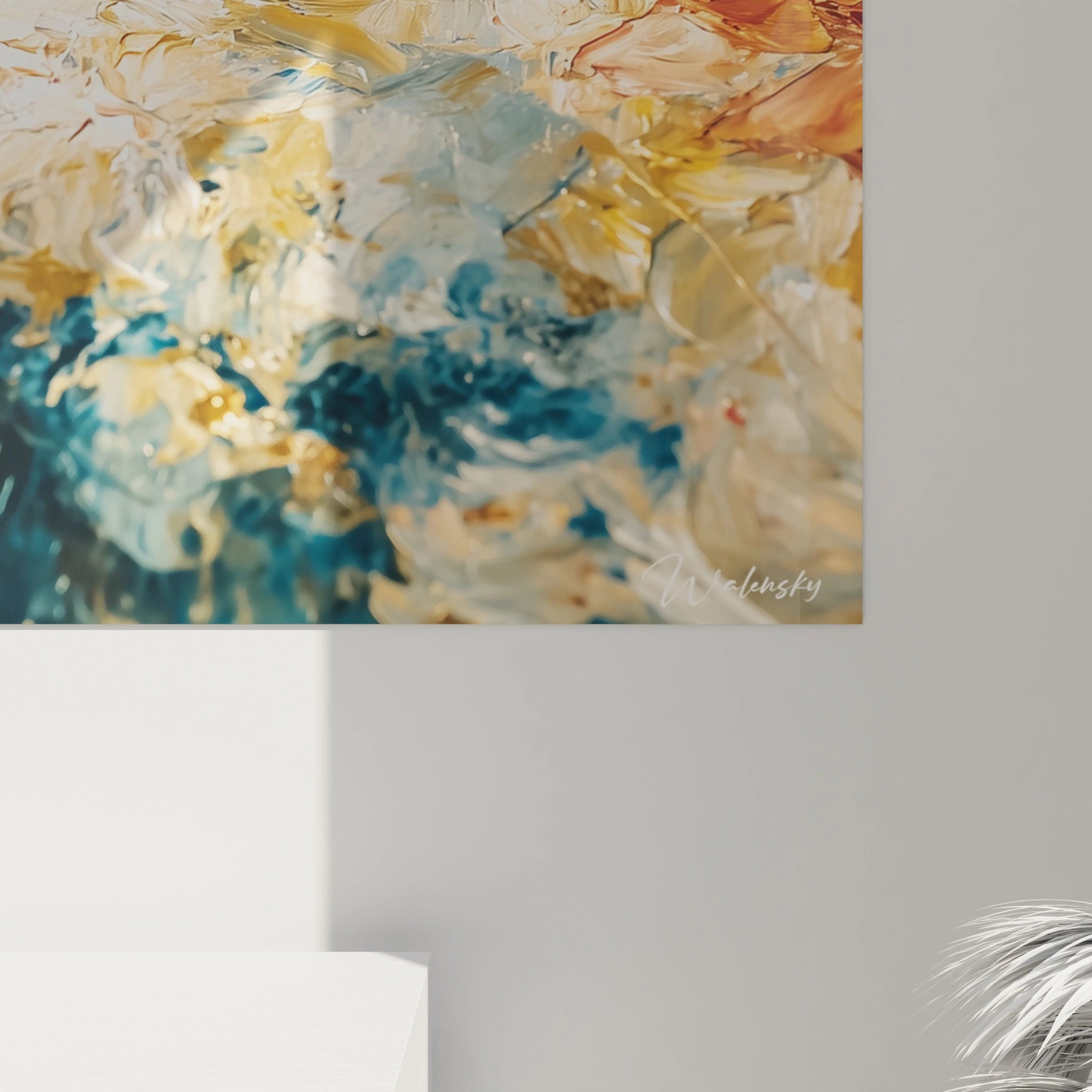 Tableau mural Walensky peinture texturée ocre et bleue avec accents dorés tableau visage féminin ocre signé