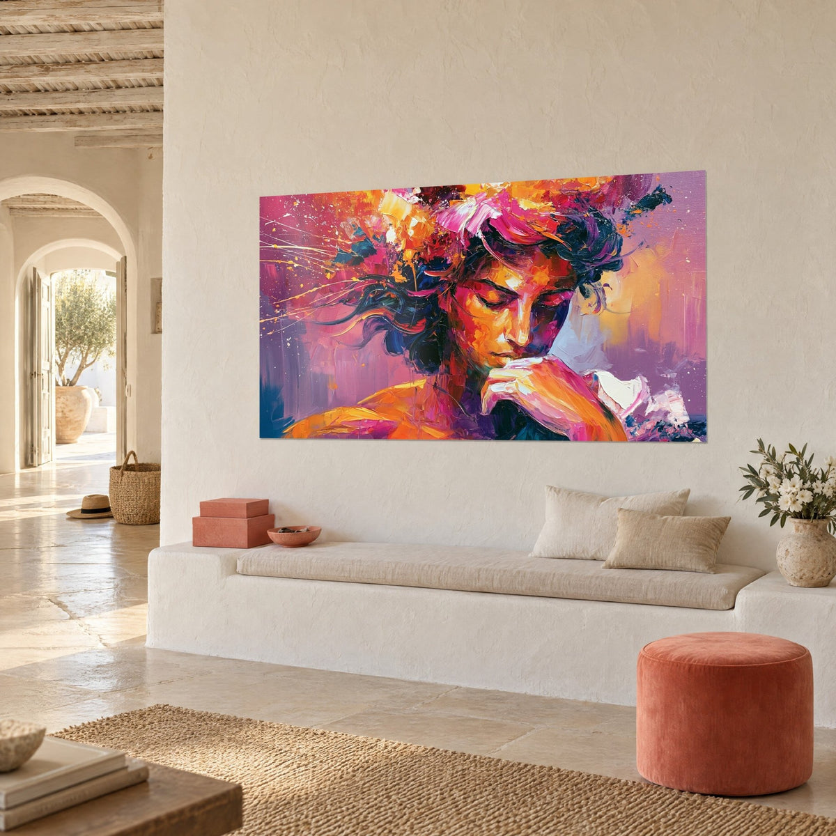 Wall art pensive face painted with a palette knife, ochre cheek, midnight blue strands and purple background, three-quarter view on a cream wall