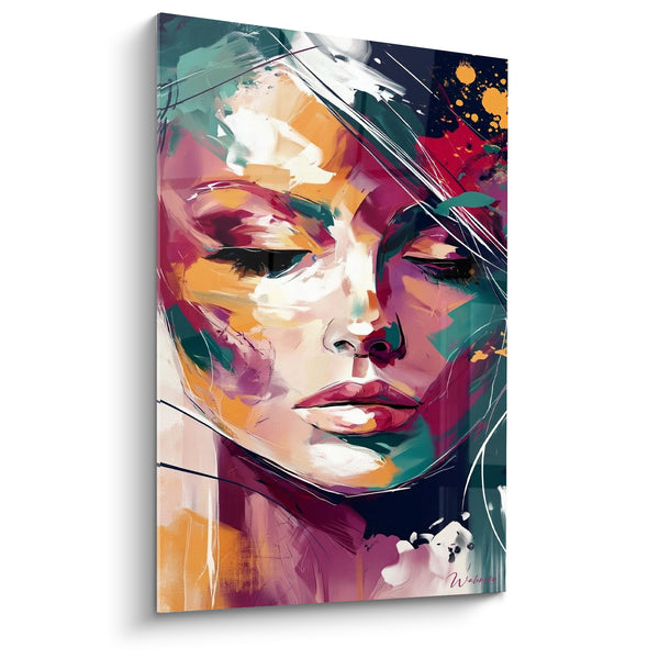 Painting Portrait Plum and Emerald with Golden Splatters - Delicate White Lines - Face Edition