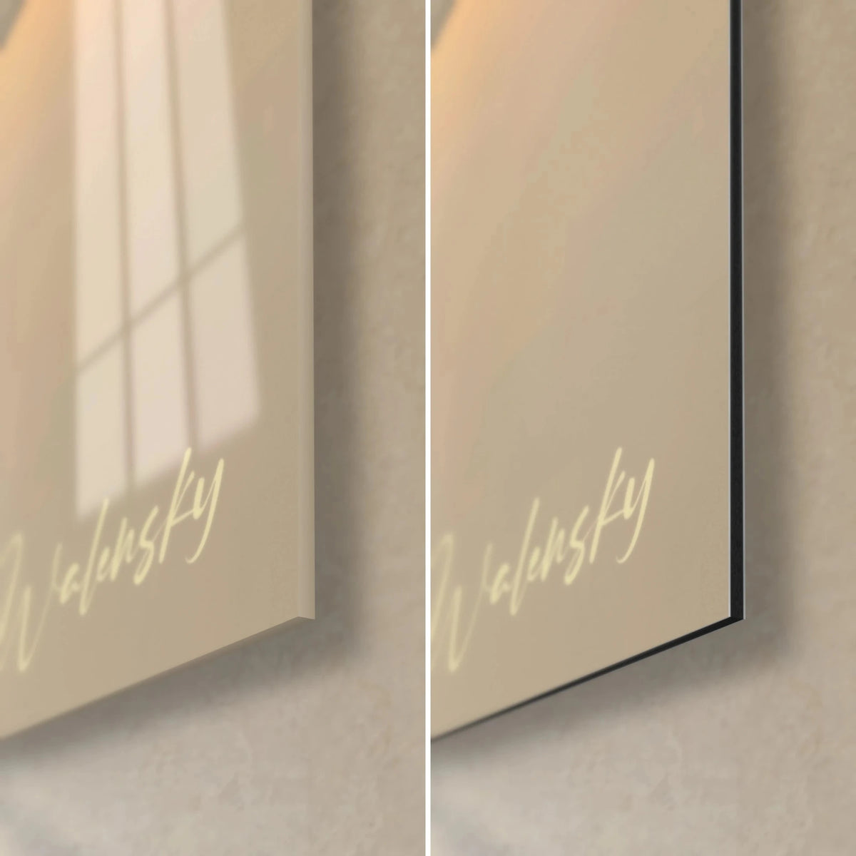 Gemälde Porträt im Relief, untere rechte Ecke: glänzendes Acrylglas links, mattschwarzes Dibond-Aluminium rechts, 3 mm Kante
