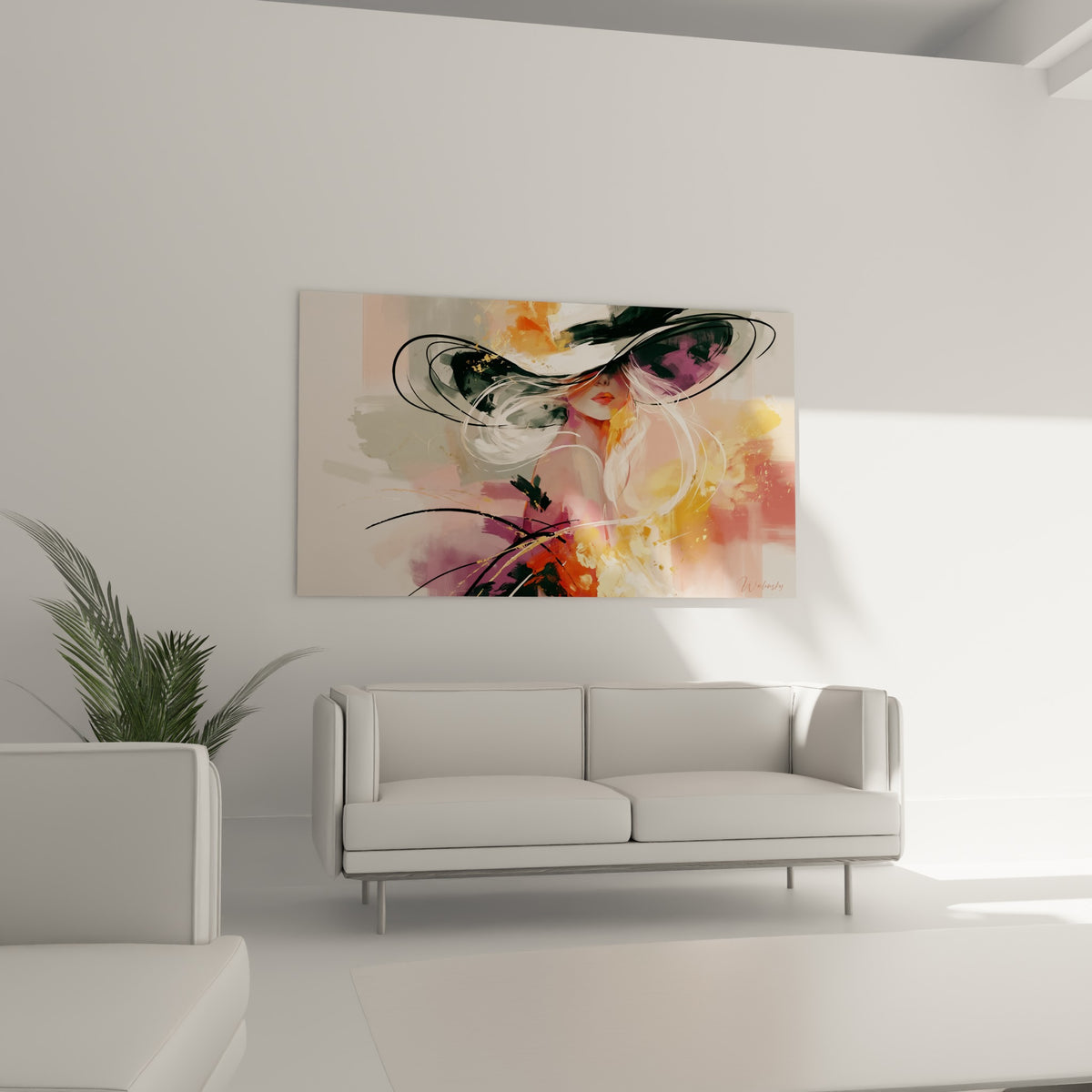 Portrait Visage aux teintes orangées et violettes au-dessus d'un canapé dans un salon lumineux