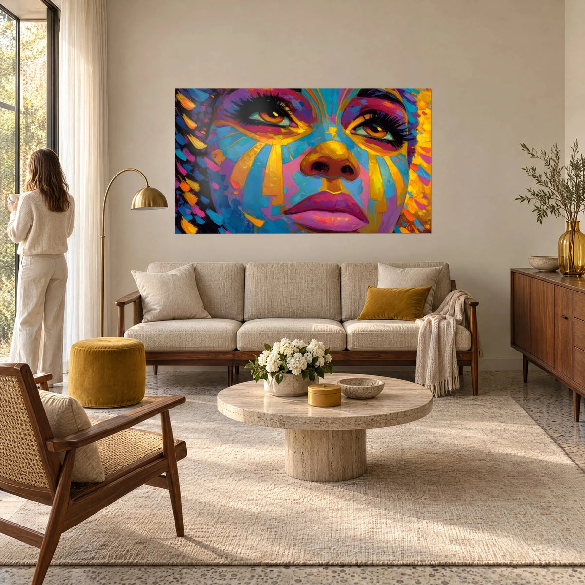 Wall art sun portrait with golden rays on blue and violet skin, pink lips, above a sofa in a bright living room