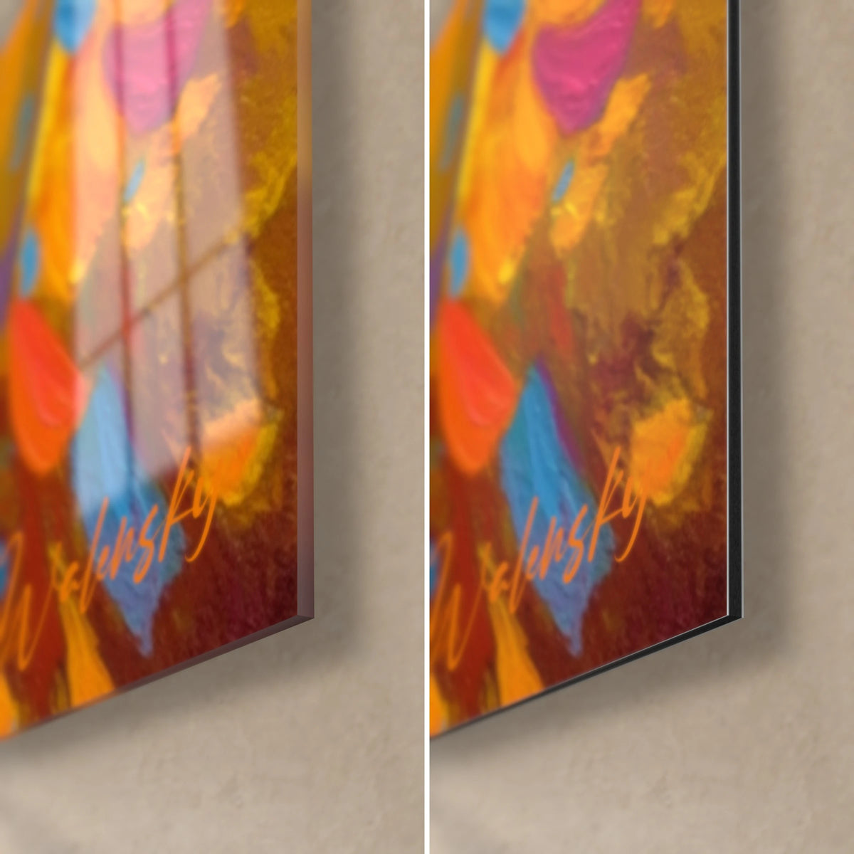 Wall art face painted in blue and yellow facets, bottom right corner: glossy acrylic glass on the left, matte Dibond on the right