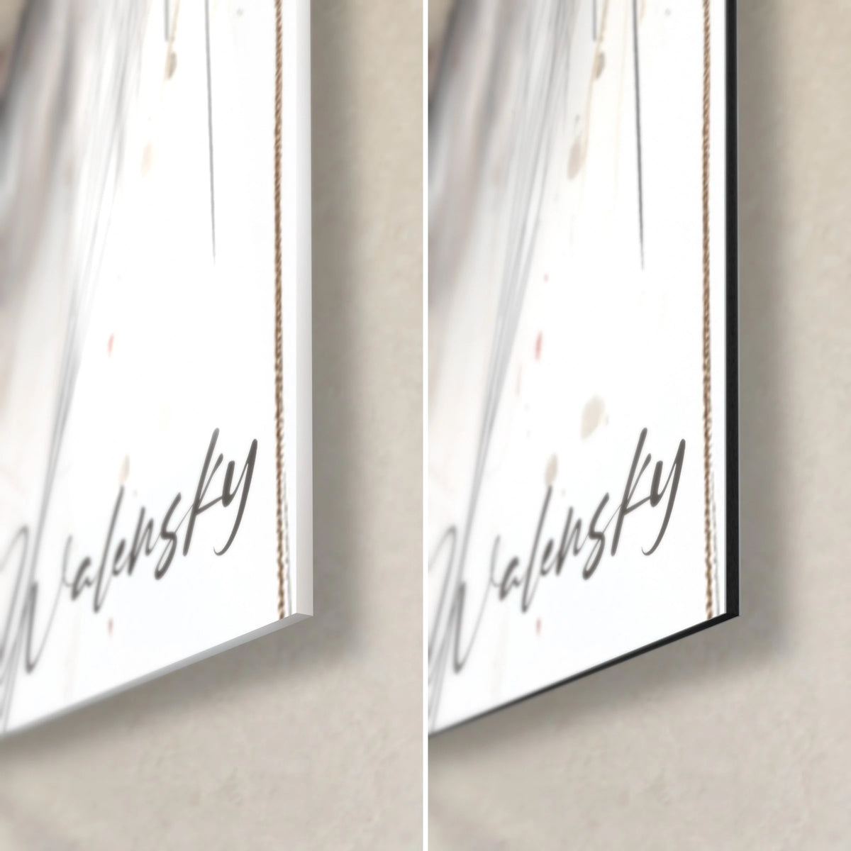Gemälde Gesicht in Rot und Blau bemalt, unten rechts von Walensky signiert: glänzendes Acrylglas links, mattes Dibond rechts