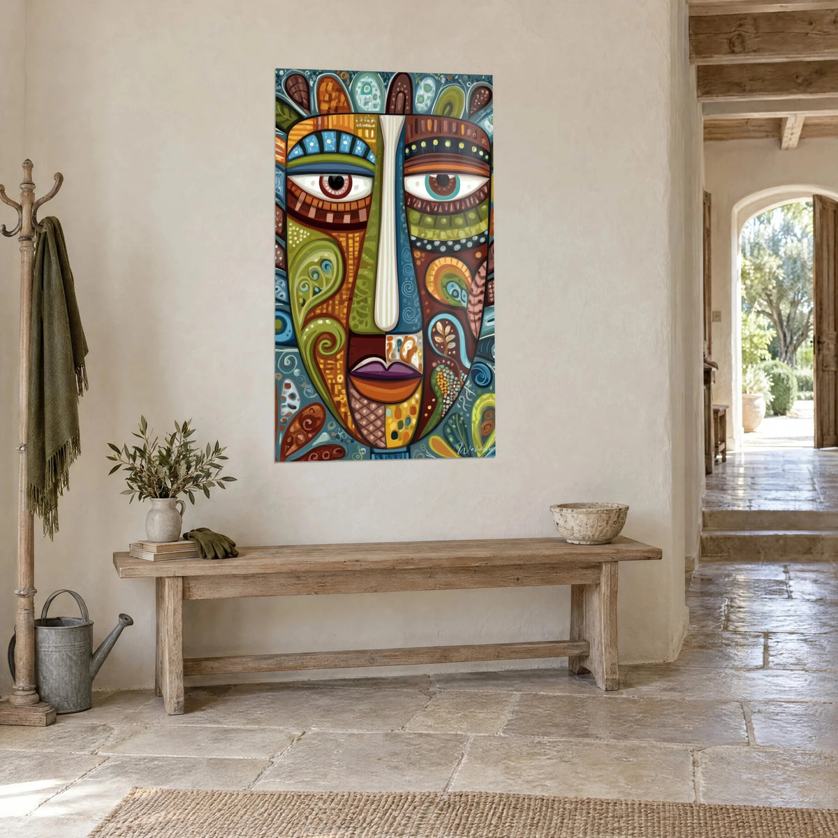 Wall art stylized face with olive green and copper brown spirals, elongated white nose, three-quarter view, stone house