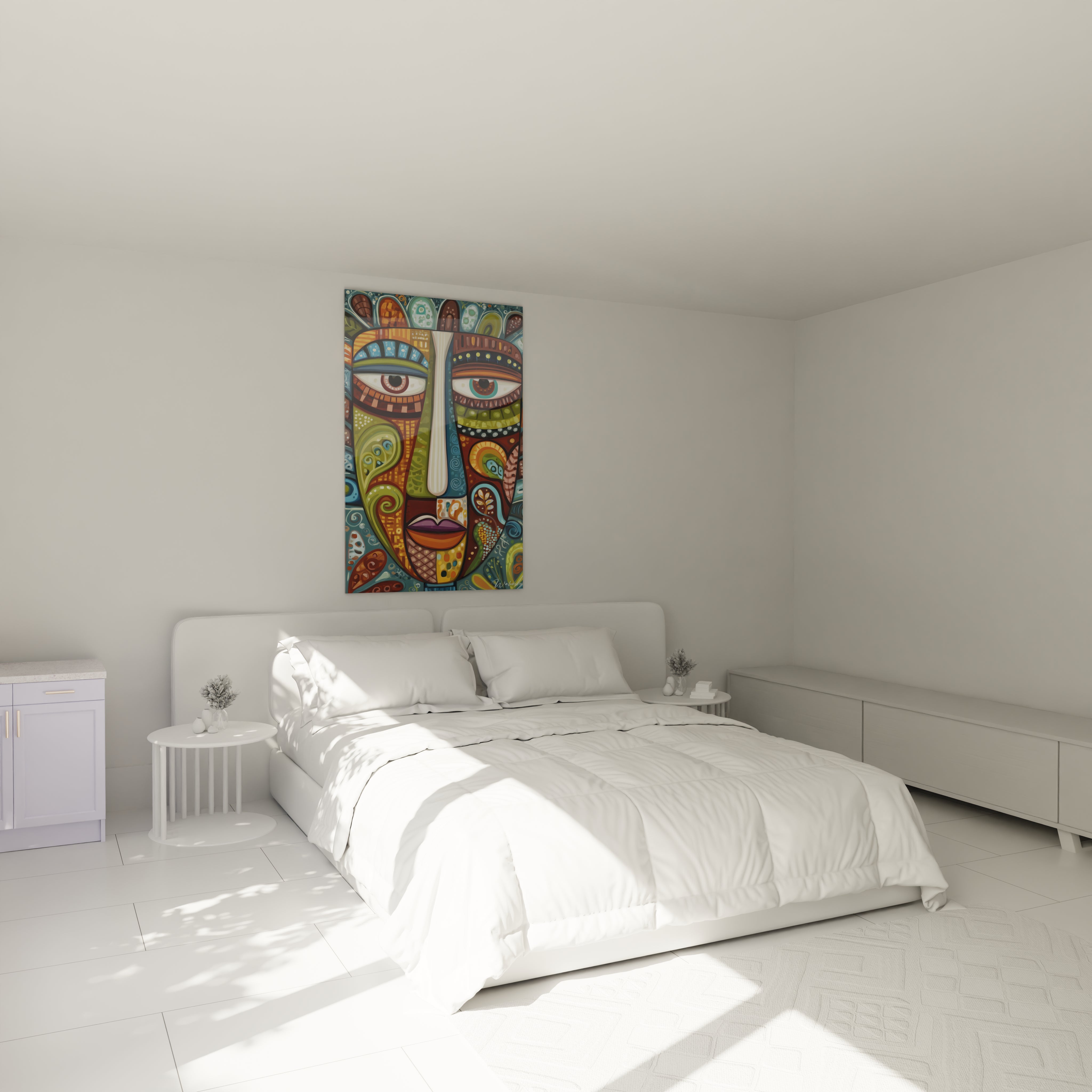 Tableau visage stylisé de Walensky accroché dans une chambre lumineuse avec un lit blanc