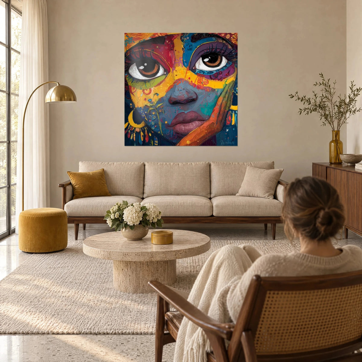 Tableau portrait africain aux yeux bruns cernés de jaune et de rouge, femme de dos assise, au-dessus d'un canapé dans un salon lumineux