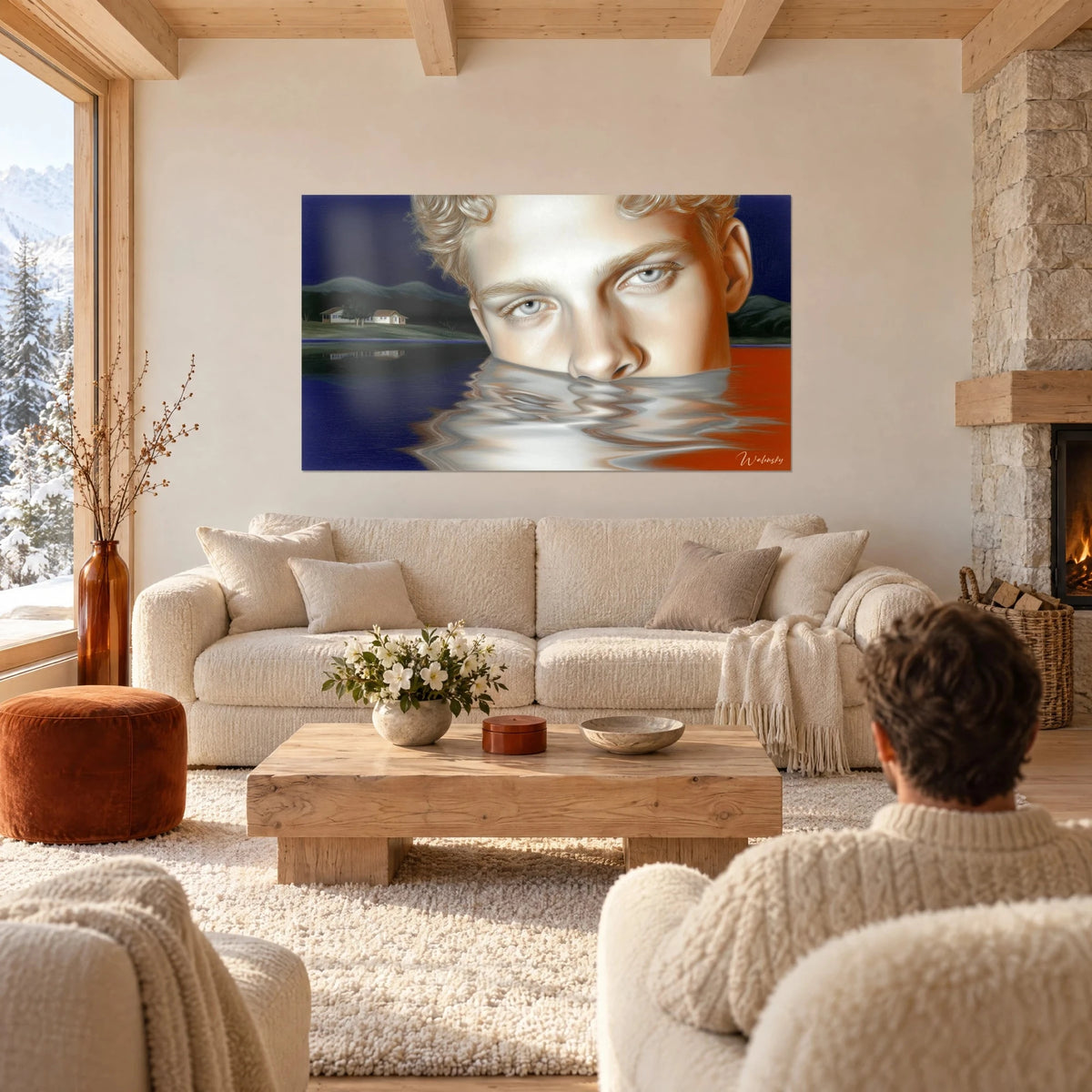 Gemälde eines jungen Gesichts mit graublauen Augen, das aus einem indigoblauen See auftaucht, orangefarbenes Wasser in Wellen, über einem Sofa in einem hellen Wohnzimmer