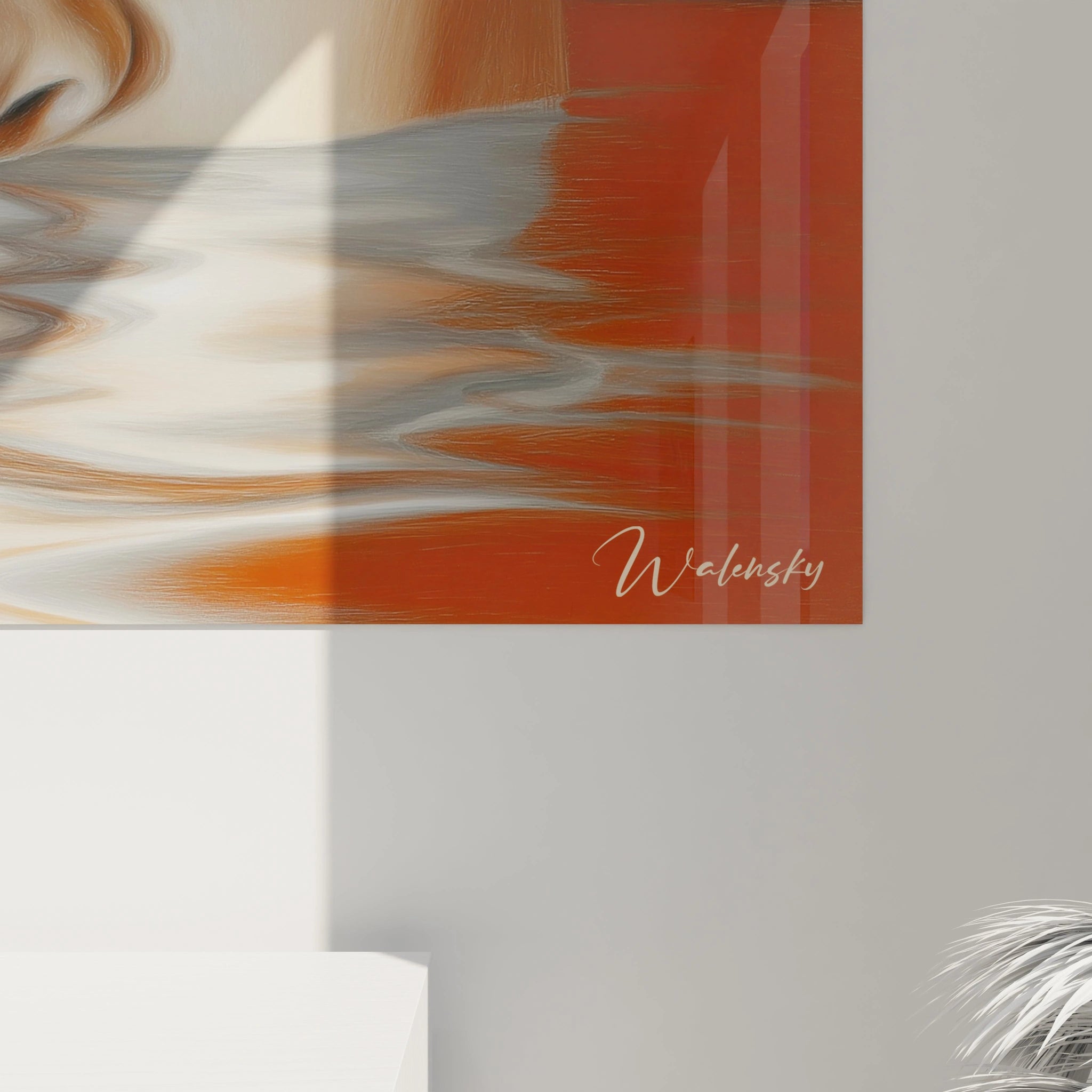 Tableau mural Walensky tableau hyperréalisme visage abstrait aux tons orange et gris avec signature visible