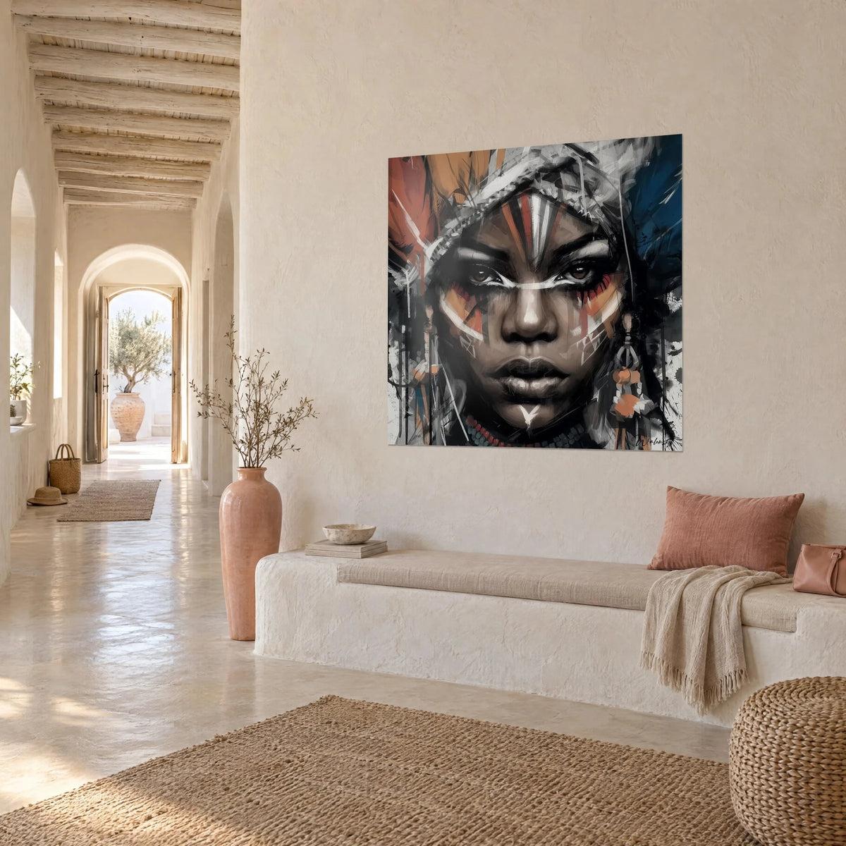 Cuadro rostro tribal pintado, tocado gris, salpicaduras negras y naranja quemado, sobre una pared crema de un pasillo abovedado