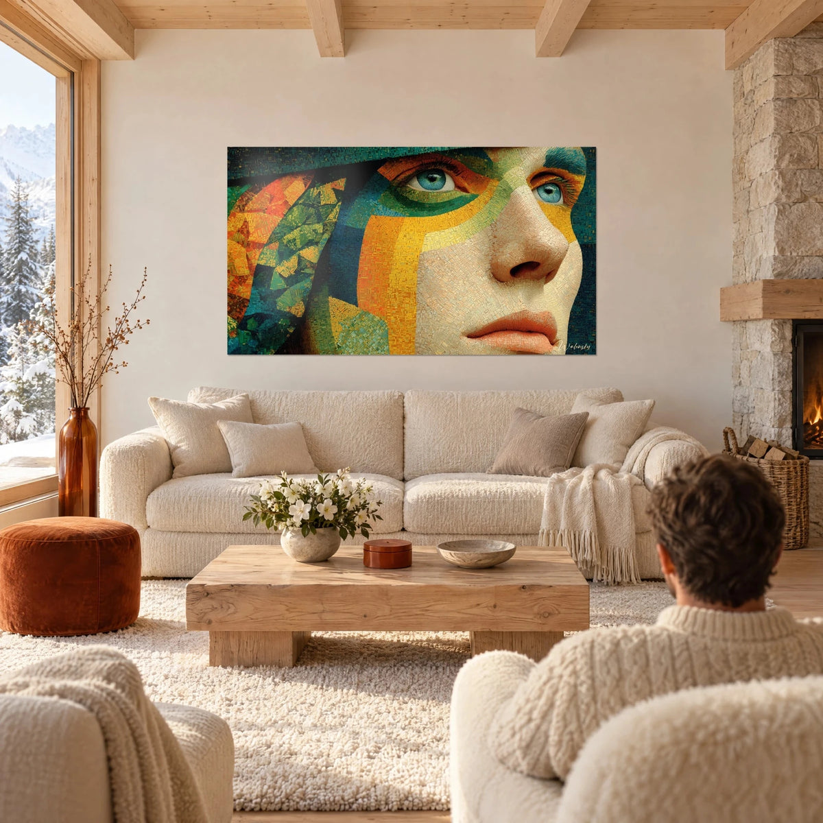 Wall art profile face in ochre and emerald green mosaic tiles, blue eyes gazing upward, above a sofa in a bright living room