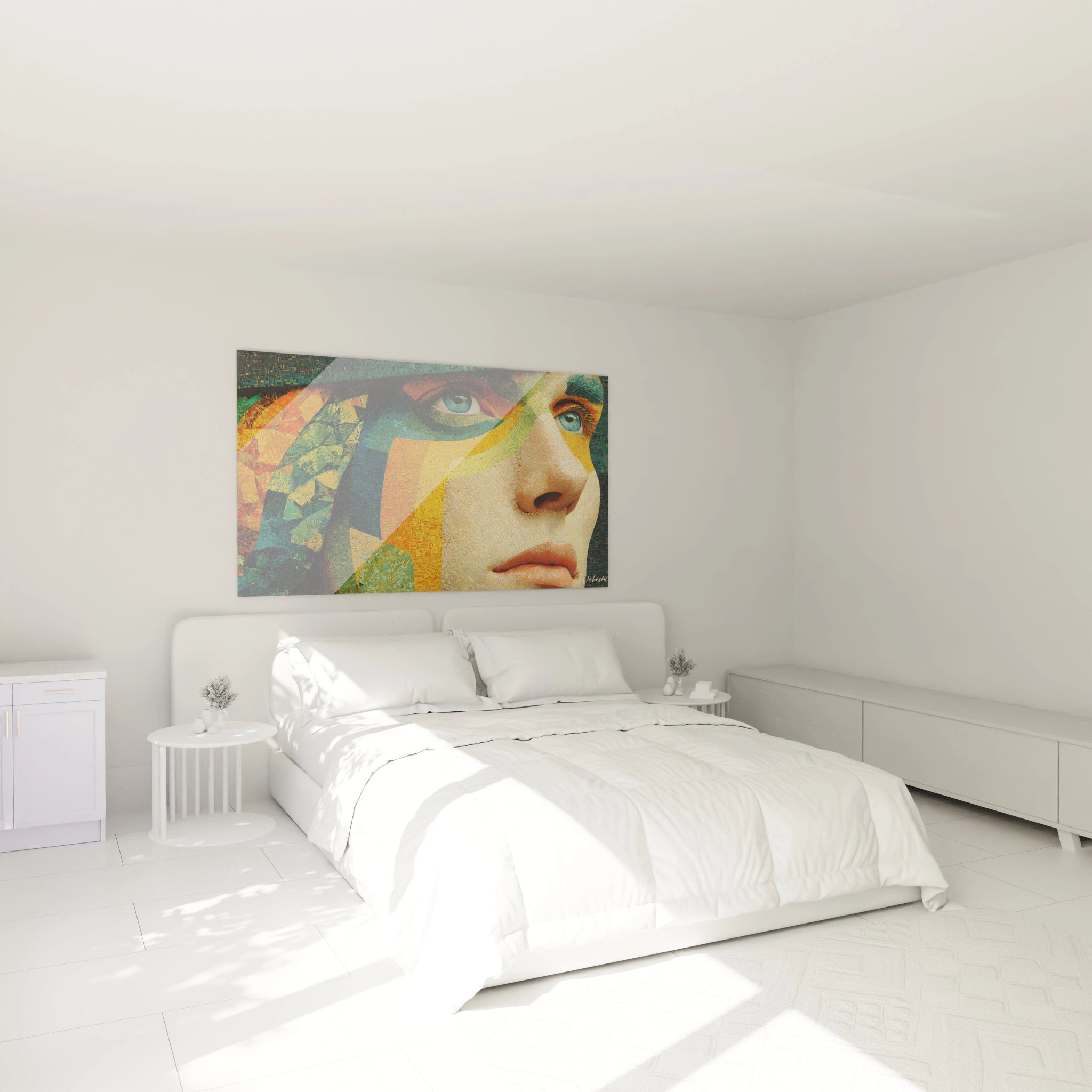 tableau mosaïque visage moderne Walensky au dessus d'un lit blanc dans une chambre minimaliste lumineuse