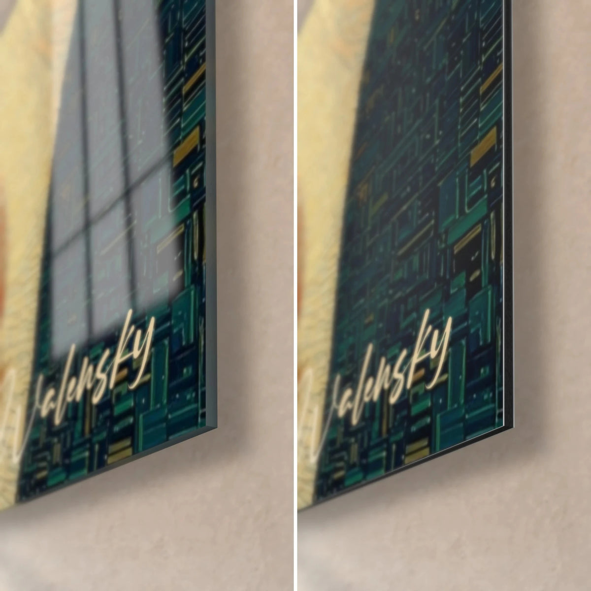 Wall art face in fir green and gold tesserae, bottom right corner: glossy acrylic glass with reflections, matte Dibond aluminium, 3 mm edge