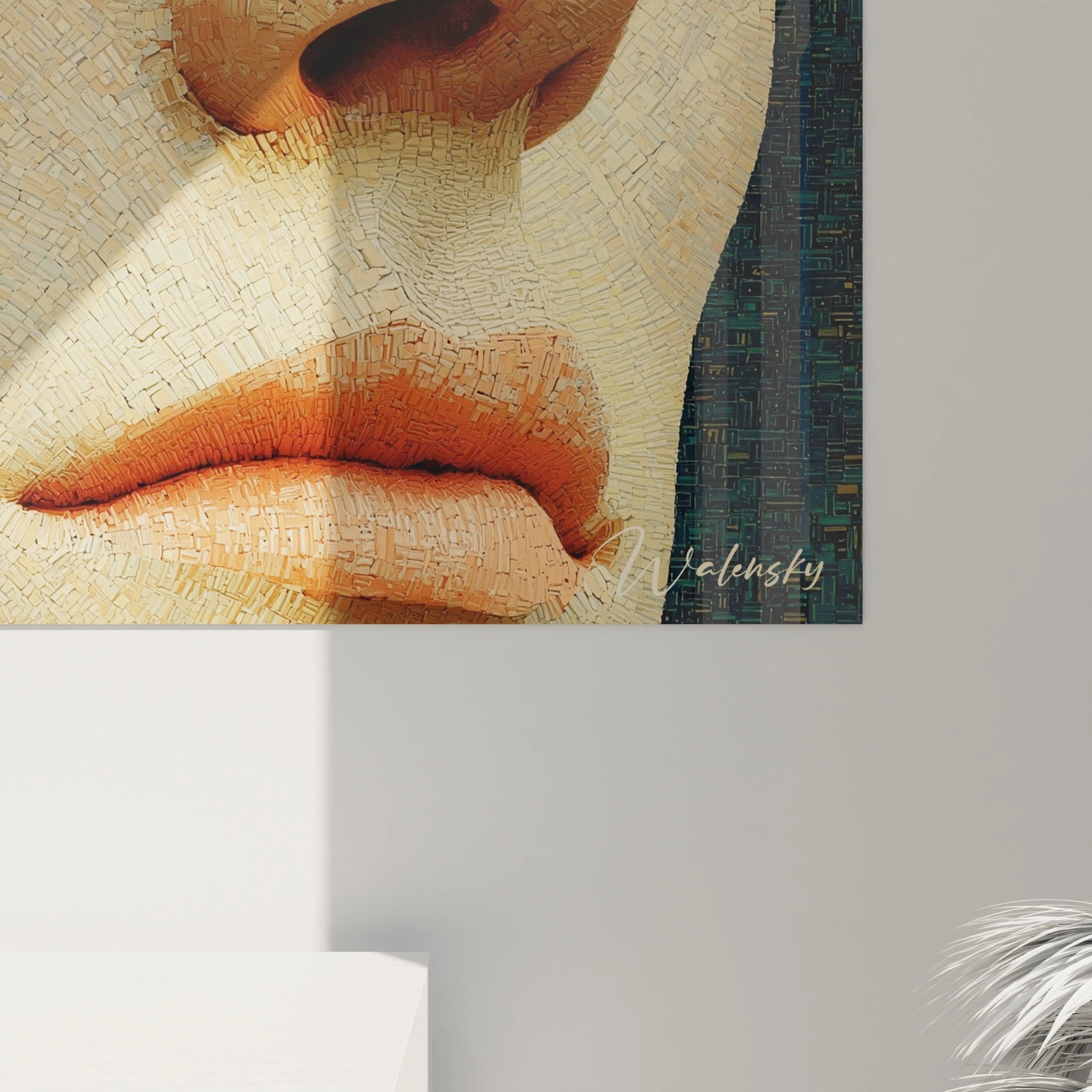 Tableau mosaïque visage moderne Walensky gros plan lèvres en mosaïque murale texturée style contemporain
