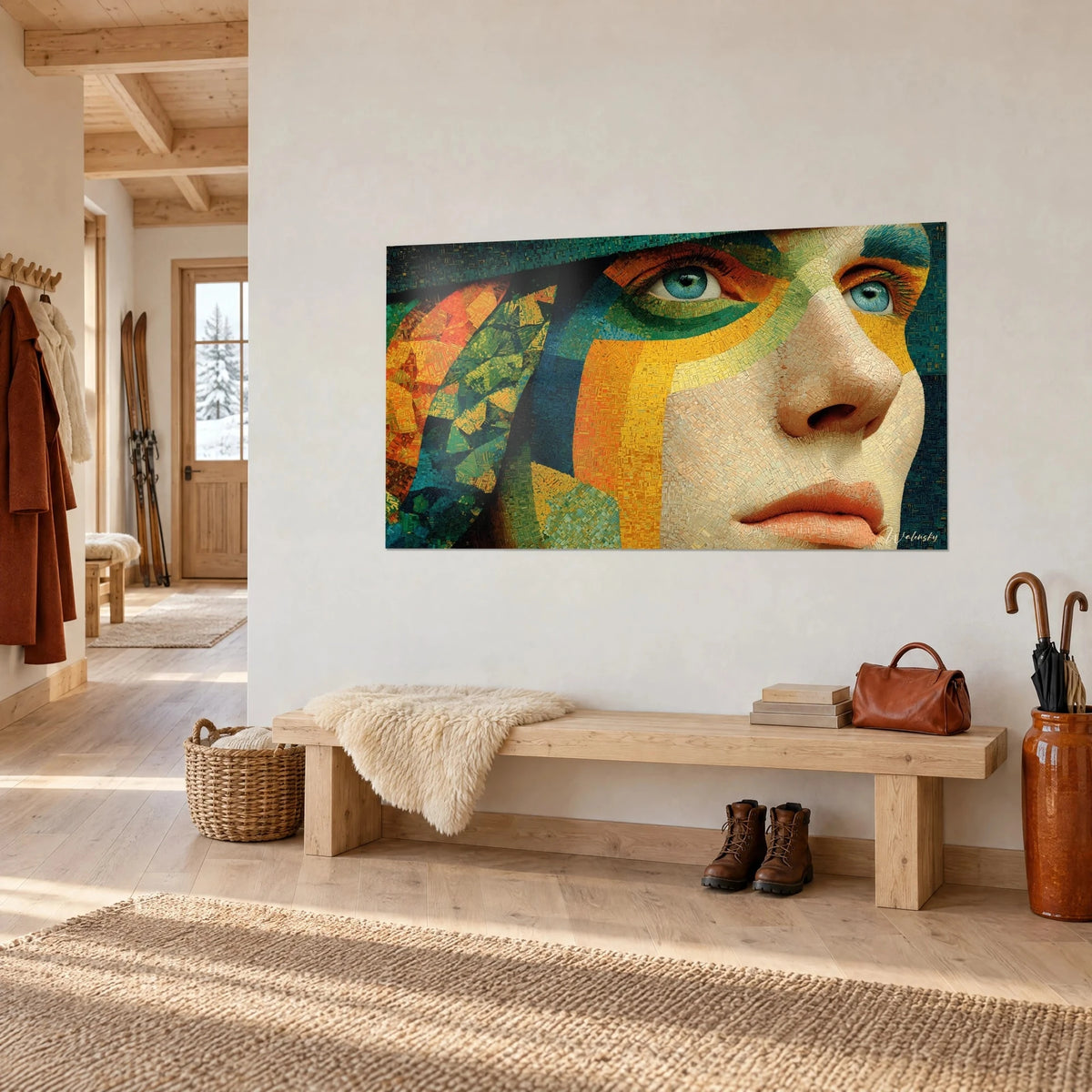 Wall art pointillist mosaic portrait, saffron yellow and orange stripes on beige skin, coral lips, wooden chalet bench