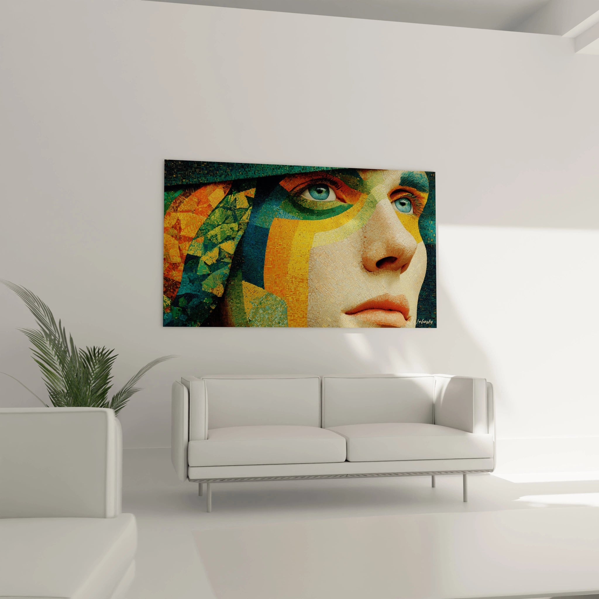 tableau mosaïque visage moderne Walensky grand format aux couleurs vives accroché au-dessus d'un canapé dans un salon minimaliste