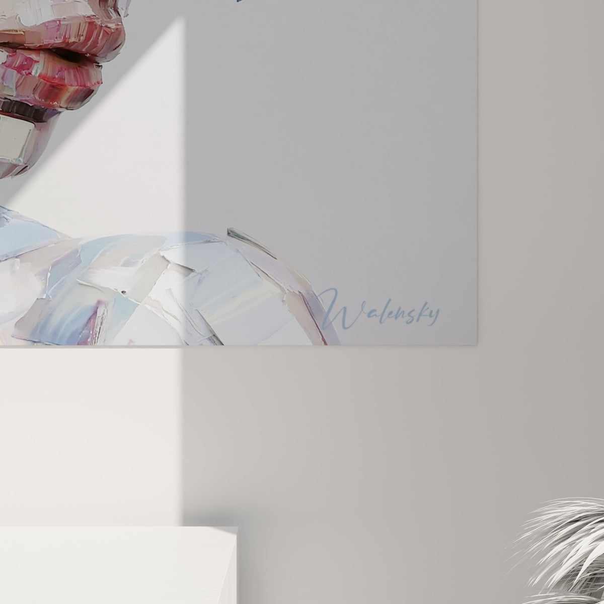 Empâtements bleu marine et blanc cassé se touchant en reliefs sur la peinture du visage