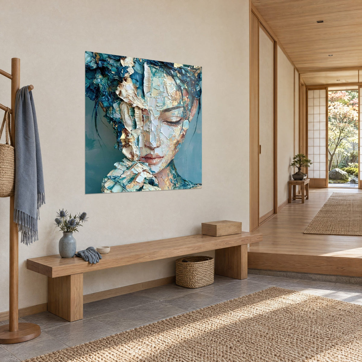Gemälde Porträt mit Spachtelstruktur, elfenbeinfarbene Wange und tiefblaues Haar, beige Wand neben einer Bank aus hellem Holz