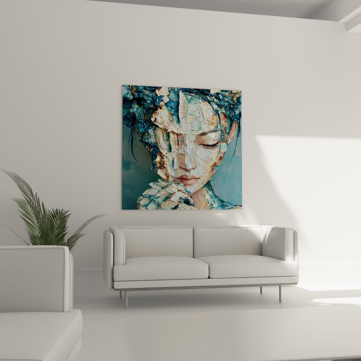 Visage texturé aux reflets dorés et bleu-gris, suspendu au-dessus d'un canapé dans un salon lumineux