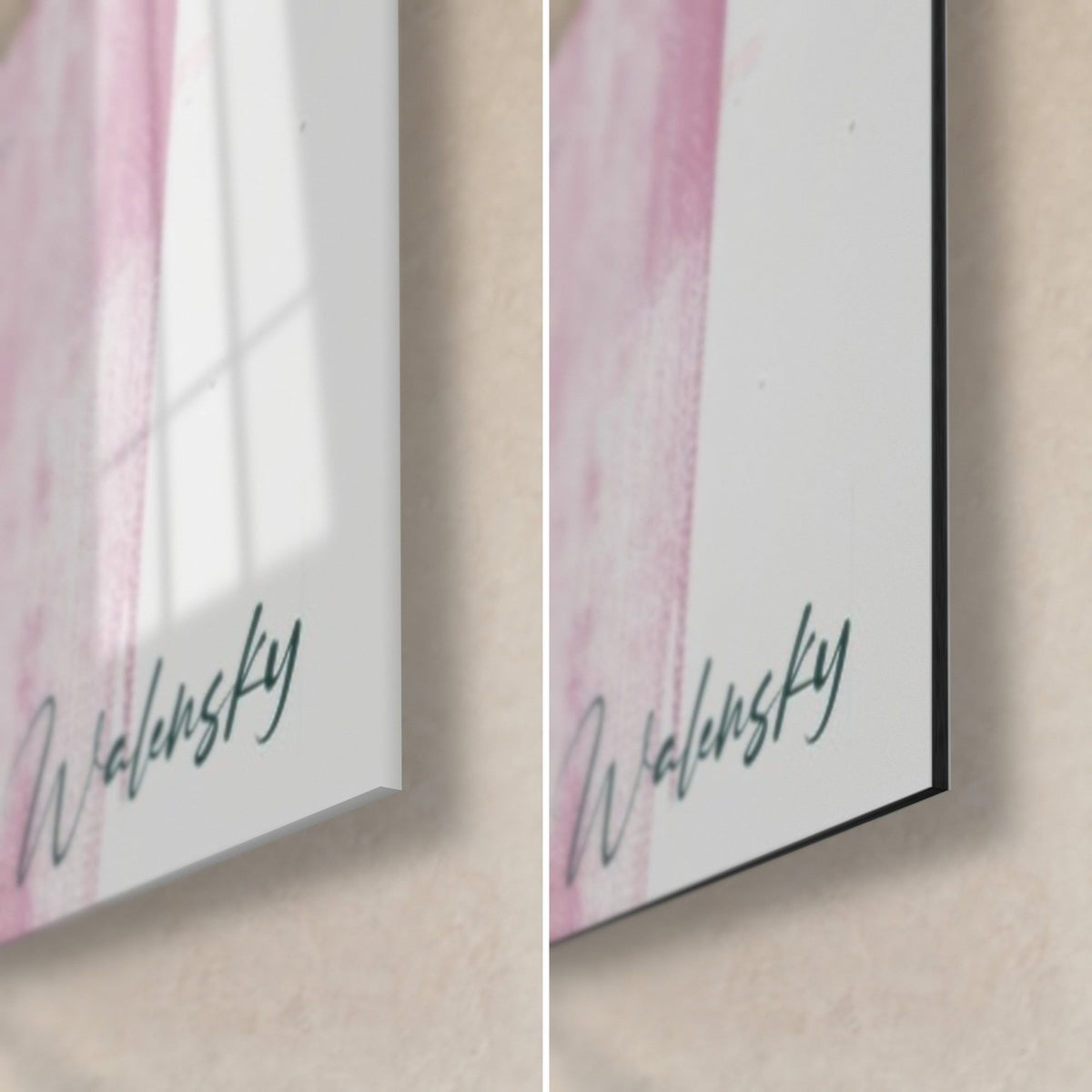 Gemälde weibliches Porträt, untere rechte Ecke: glänzendes Acrylglas links, mattes schwarzes Dibond rechts, Signatur Walensky