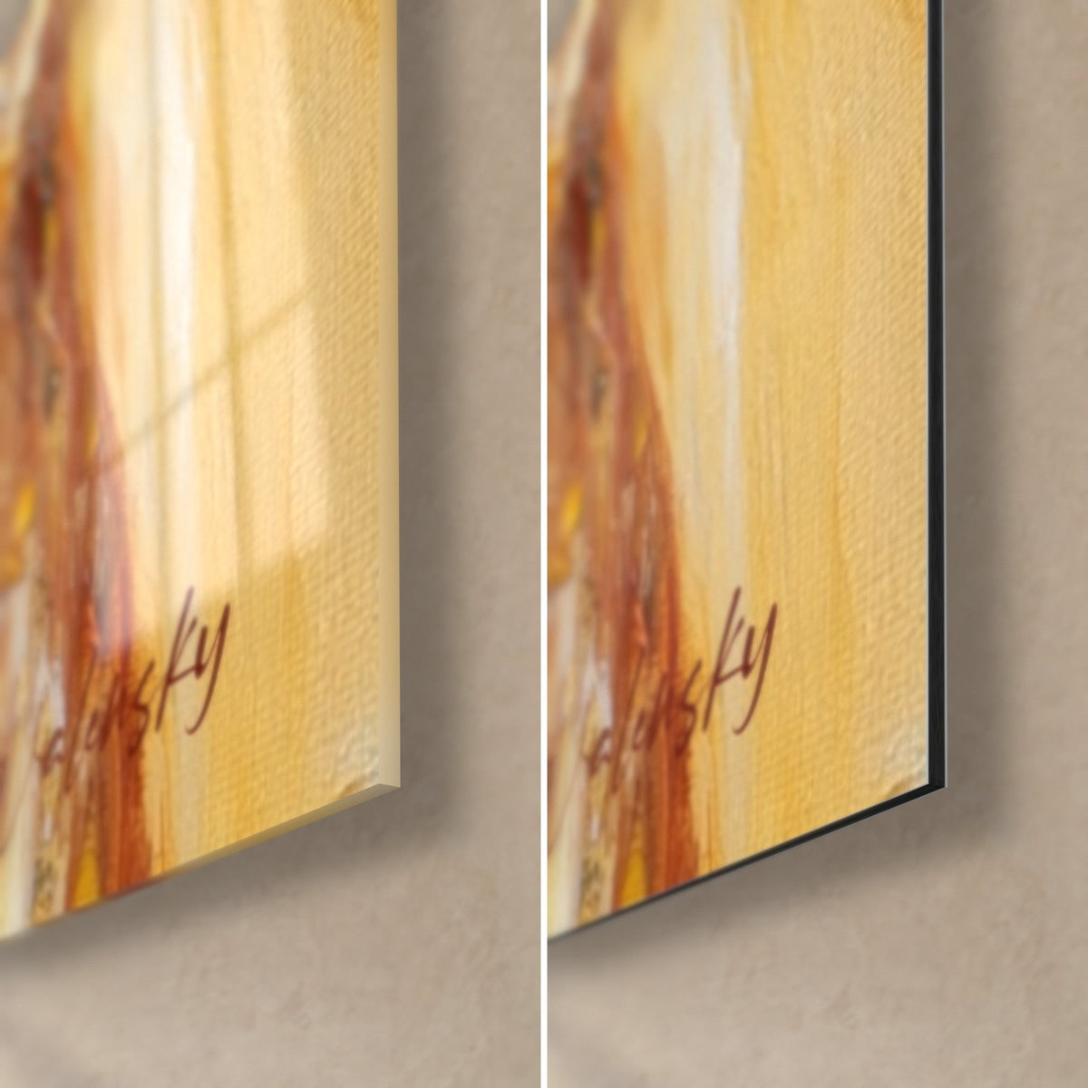 Cuadro rostro dorado, esquina inferior derecha: cristal acrílico brillante con reflejos a la izquierda, aluminio Dibond mate ocre a la derecha, canto de 3 mm