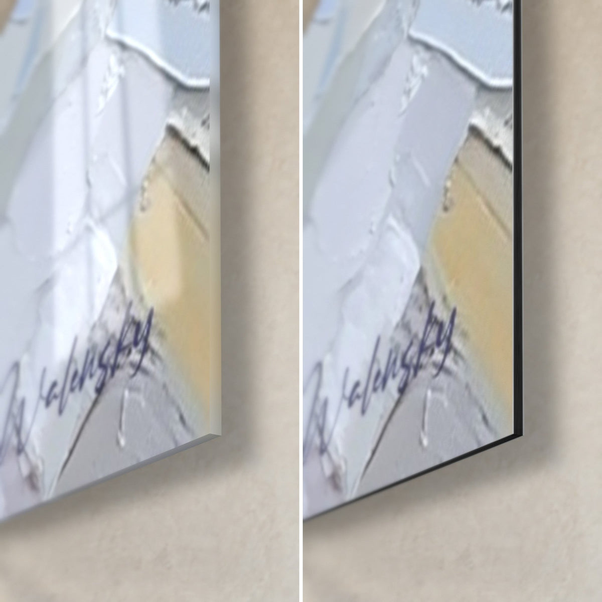 Quadro volto cubista in pasta spessa blu e bianca, angolo in basso a destra: vetro lucido a sinistra, Dibond opaco a destra