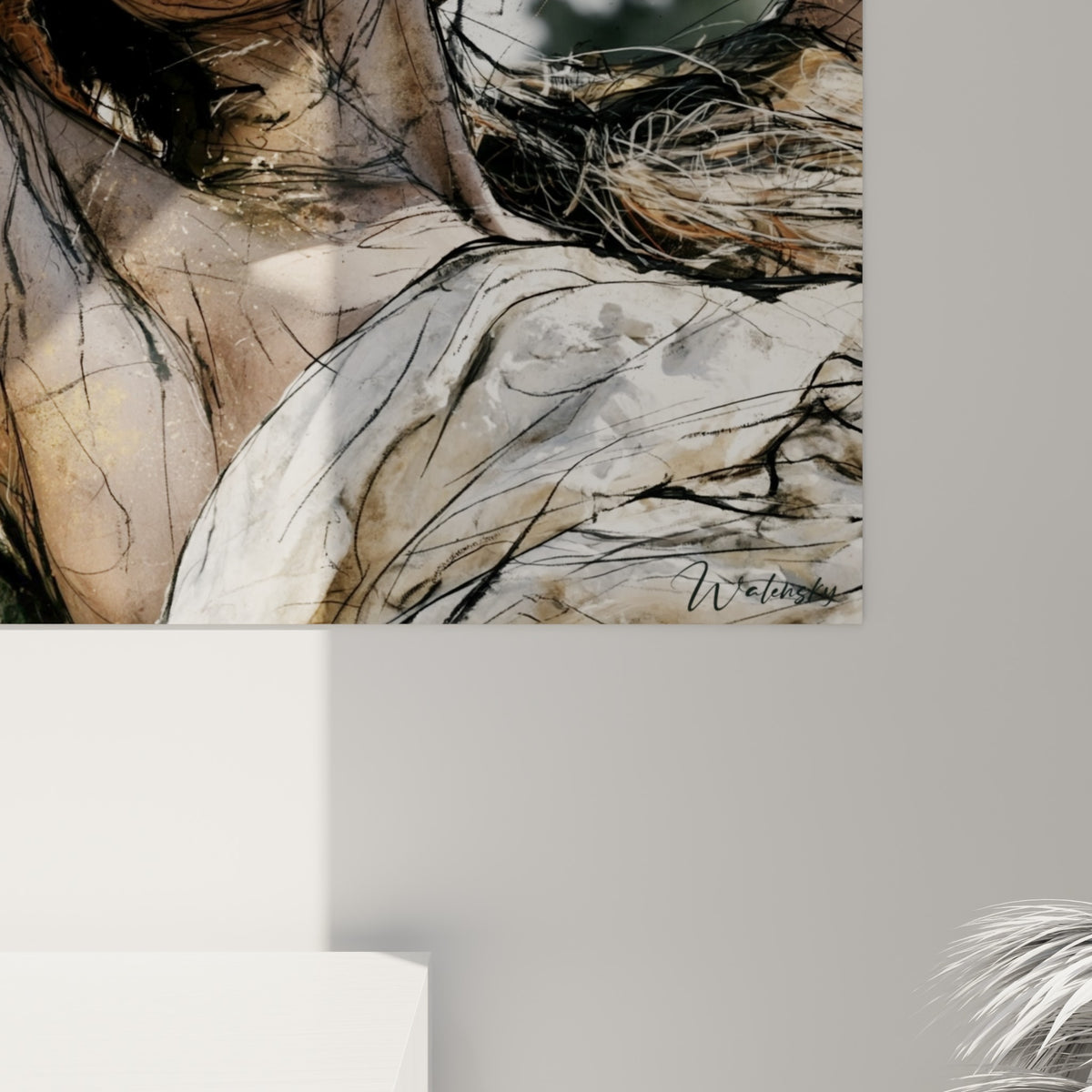 Empâtements fins et coulures noires sur peau ocre, grain texturé de l'impression du tableau visage