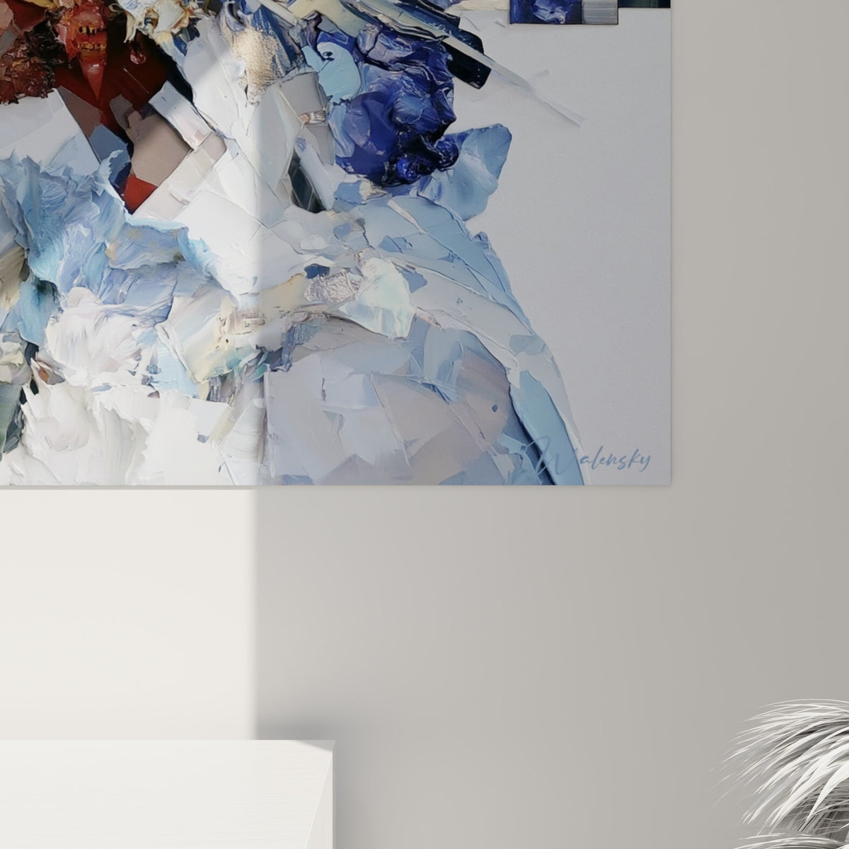 Empâtements épais bleu marine, blanc et ocre du tableau Visage, matière sculptée en gros relief