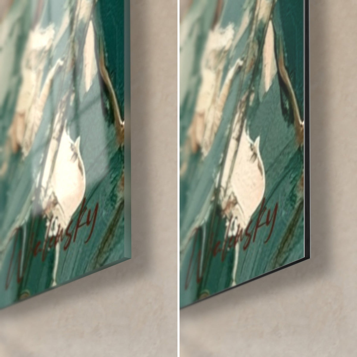 Tableau élégante aux lunettes rondes, coin bas droit : verre brillant à reflets et alu Dibond mat, tranche de 3 mm, vert et crème