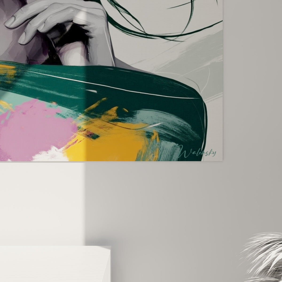 Empâtements orange, violet et vert sur la chevelure peinte, coulures visibles sur la toile encadrée