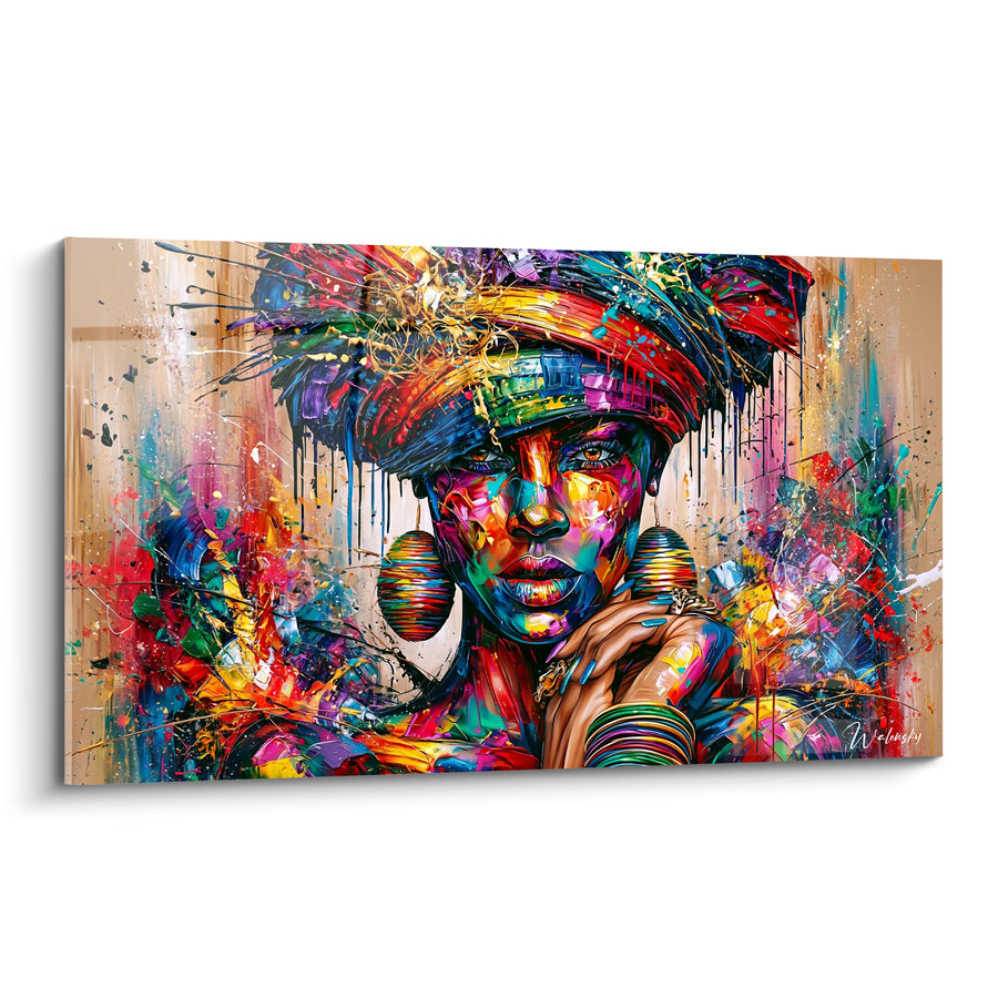 Tableau Femme au turban rouge et bleu éclatant - Fierté flamboyante - Edition Visage