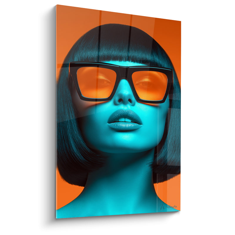 Tableau Visage turquoise aux lunettes orange - Allure électrique - Edition Visage noir et blanc