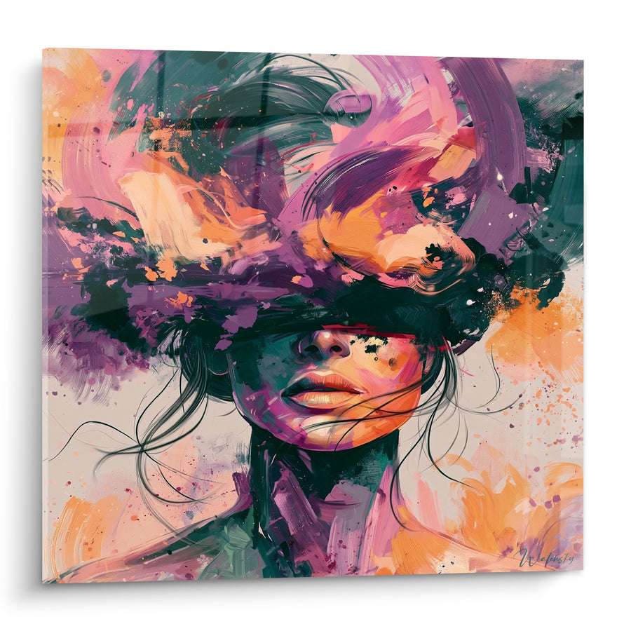 Tableau Visage voilé mèches violettes et oranges - Pensées en tourbillon - Edition Visage