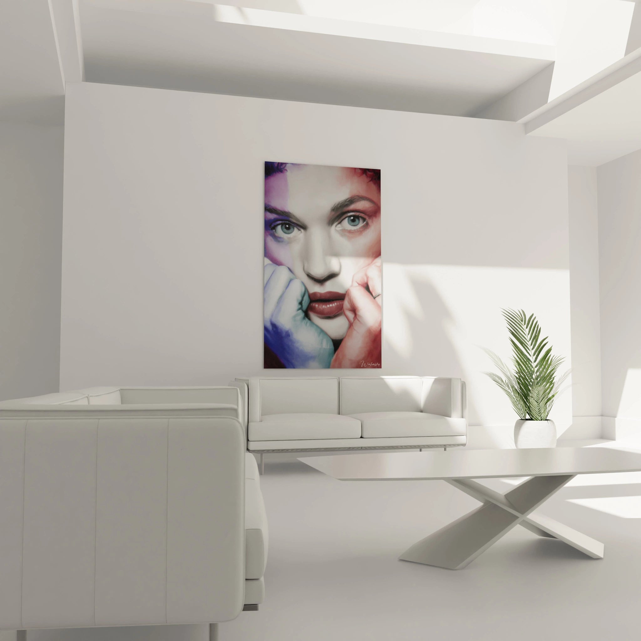 Walensky tableau mural visage féminin coloré accroché au-dessus d'un canapé moderne, tableau visage hyperréalisme