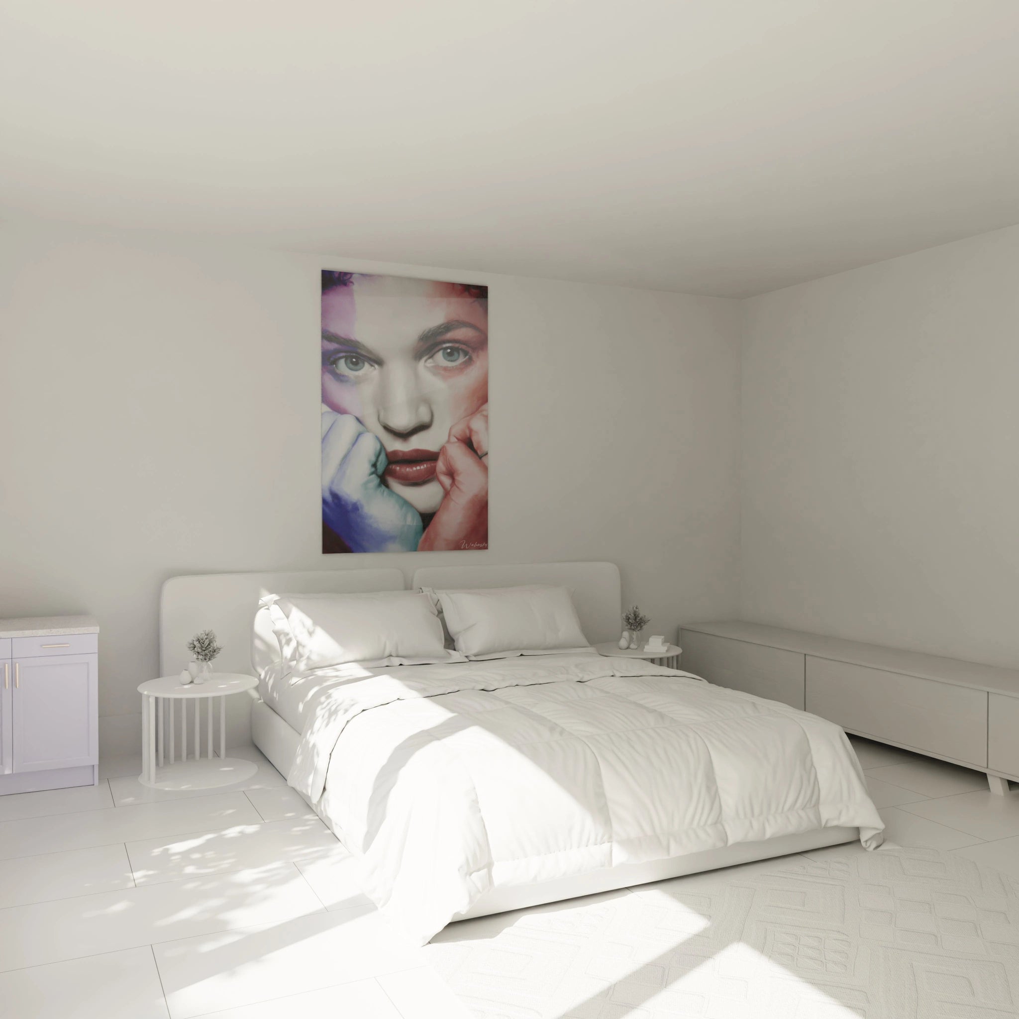 Walensky tableau mural pour chambre minimaliste lit blanc portrait colore accroche au dessus du lit tableau visage hyperréalisme